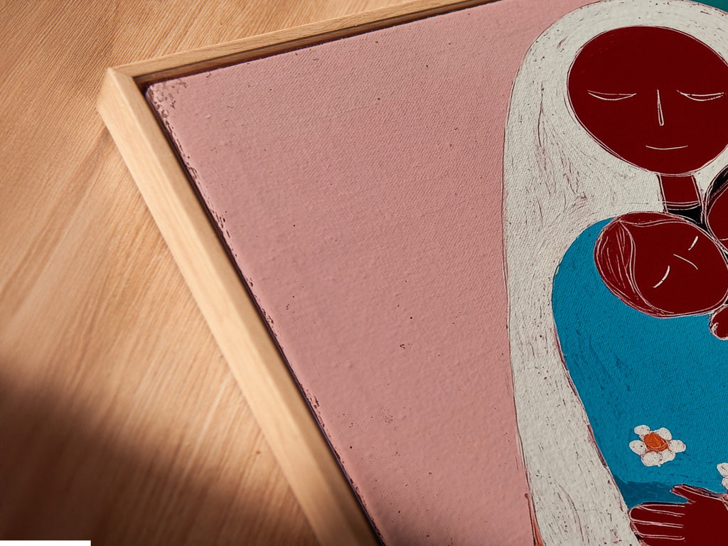 Close-up of a canvas print in a floating frame. The art showcases a mother embracing two children. The floating frame enhances the artwork's depth. This is a modern and stylish way to display your favorite pieces. The art is on a white wall.