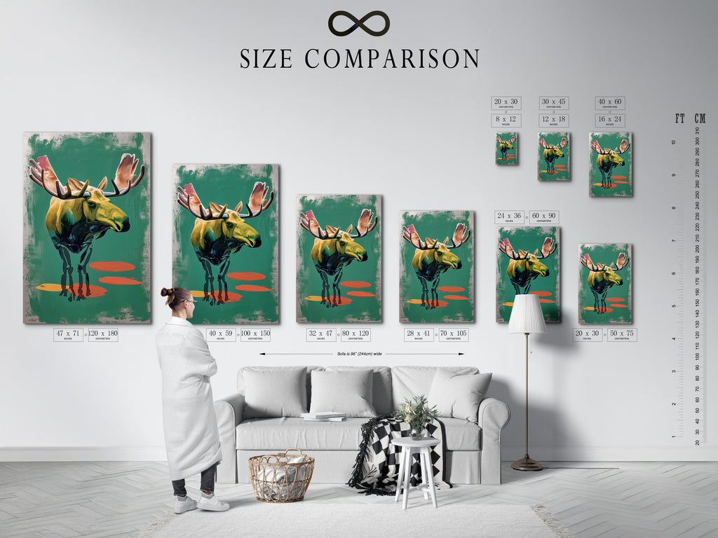 A size comparison chart is displayed in an interior setting. The chart shows the different sizes of artwork available. Helping you choose the perfect size for your space. Visualize how the art will look in your home. Find the perfect fit for your walls.