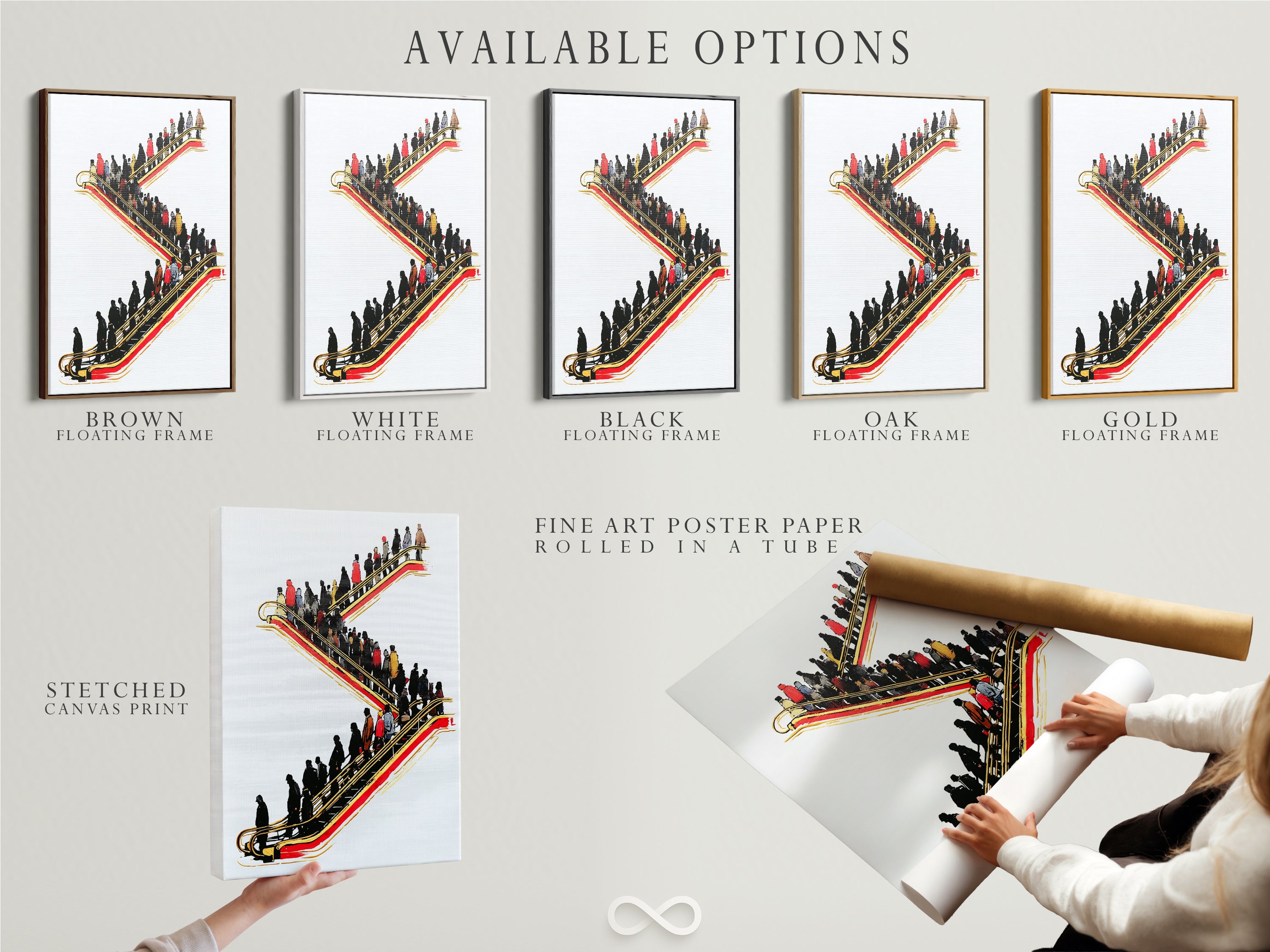 Explore available options for your escalator artwork. Choose between stretched canvas print fine art poster paper and floating frame. Each option offers a unique aesthetic. Find the perfect fit for your office style. Elevate your space with modern art.
