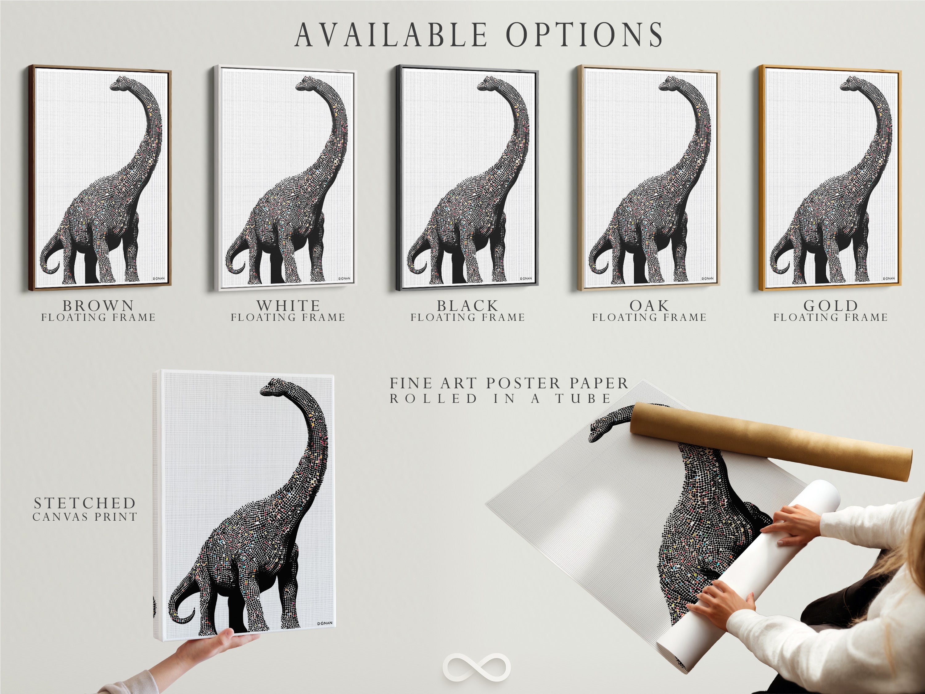 Available options for the dinosaur wall art are shown. Stretched canvas prints fine art poster paper and floating frames are available. Minimalist brontosaurus artwork is perfect for a kids room.