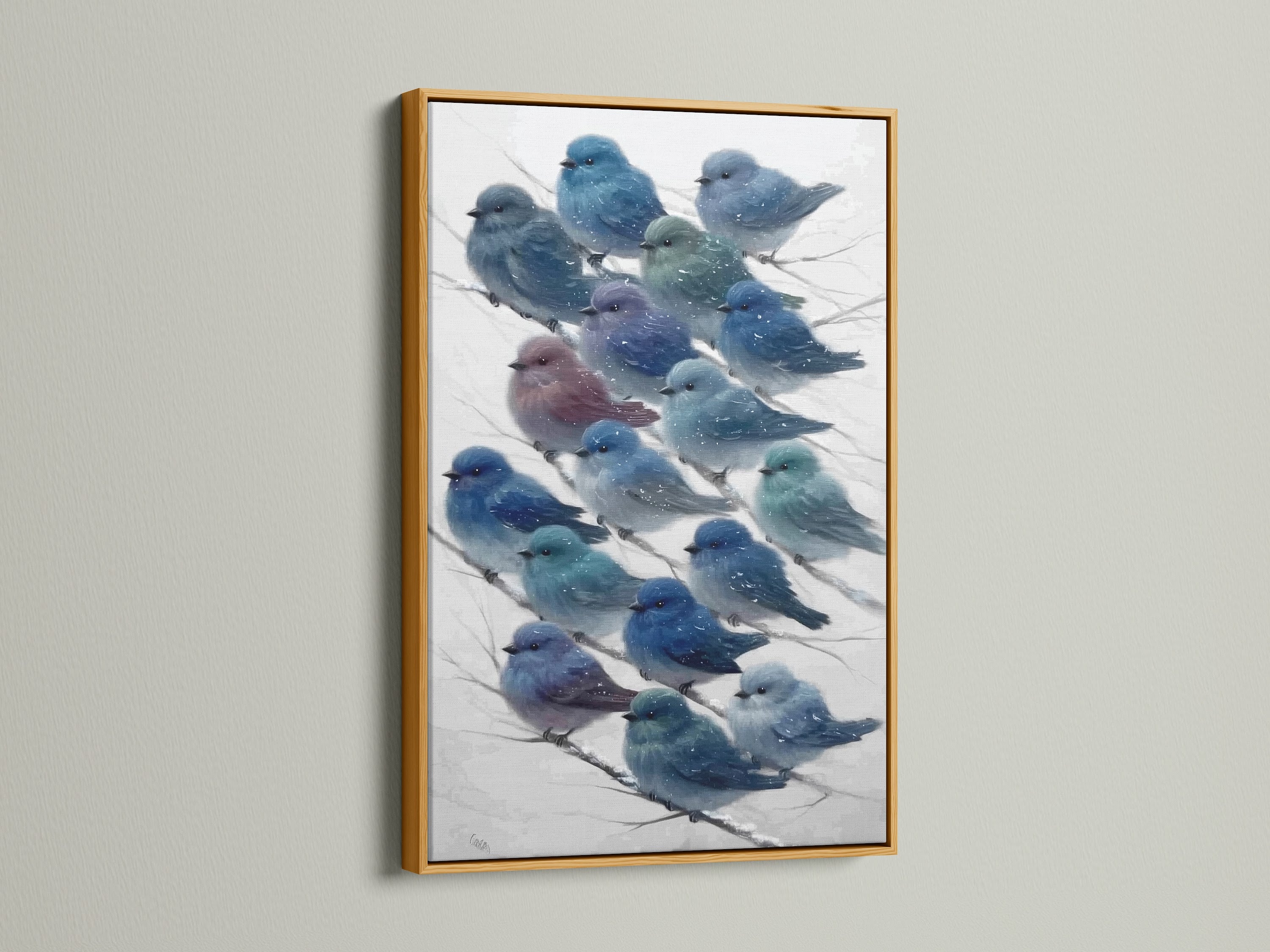 The bluebird canvas print is displayed in a gold frame. The winter bird art is ideal for naturalist styles. The indigo art and teal wall art create a calming atmosphere. A great choice for bird watching enthusiasts.