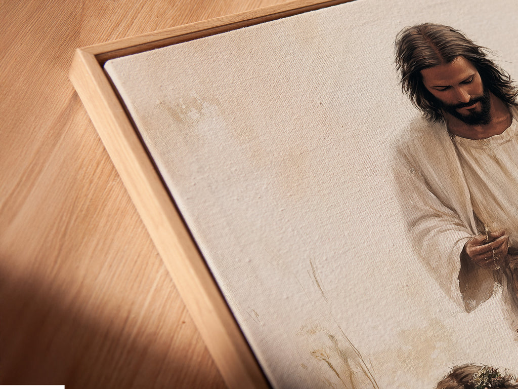 A close up angled view of a canvas print in a floating frame showcases the intricate details and texture of the artwork. The floating frame adds depth and dimension. See how this framing style elevates the artwork's presentation. Perfect for any art lover.