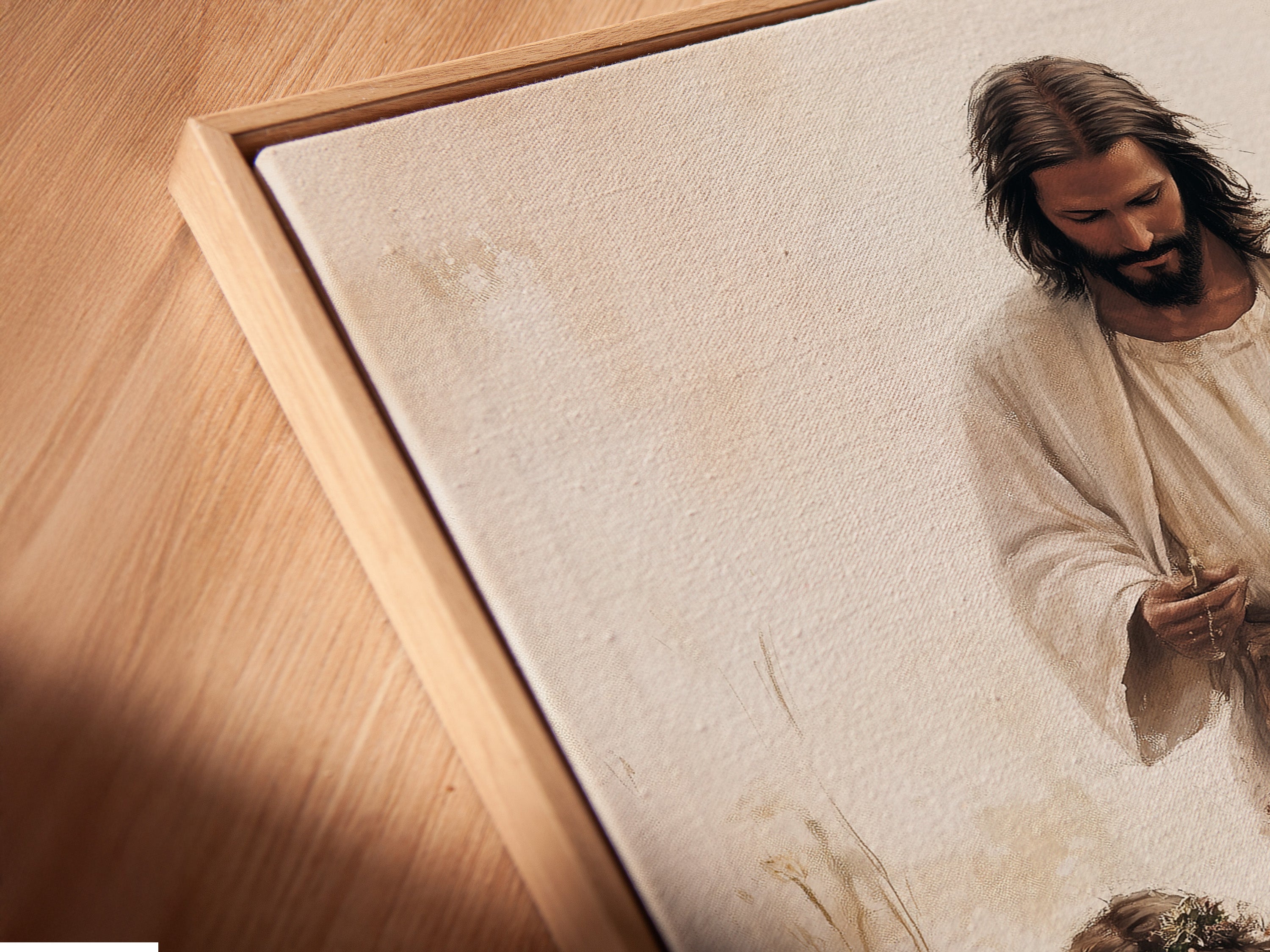 A close up angled view of a canvas print in a floating frame showcases the intricate details and texture of the artwork. The floating frame adds depth and dimension. See how this framing style elevates the artwork's presentation. Perfect for any art lover.