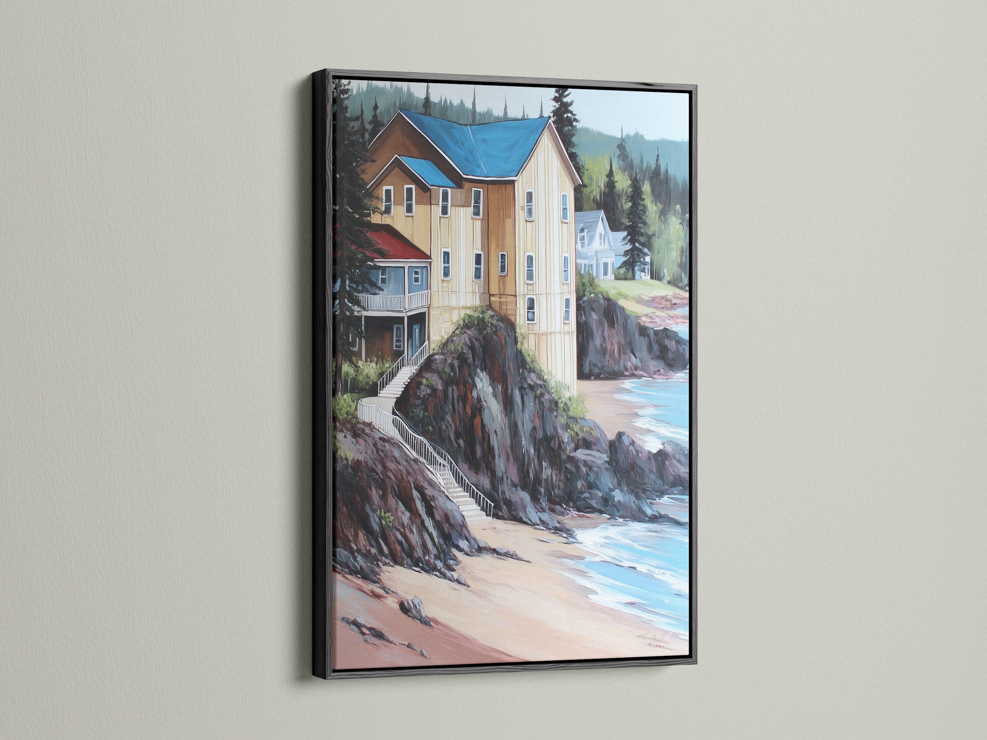 Coastal artwork with a sleek black frame. It is a striking piece of nautical wall art. This ocean view print adds sophistication. The black frame creates a modern contrast. Perfect for a lake house or contemporary space. A bold choice for any art lover.