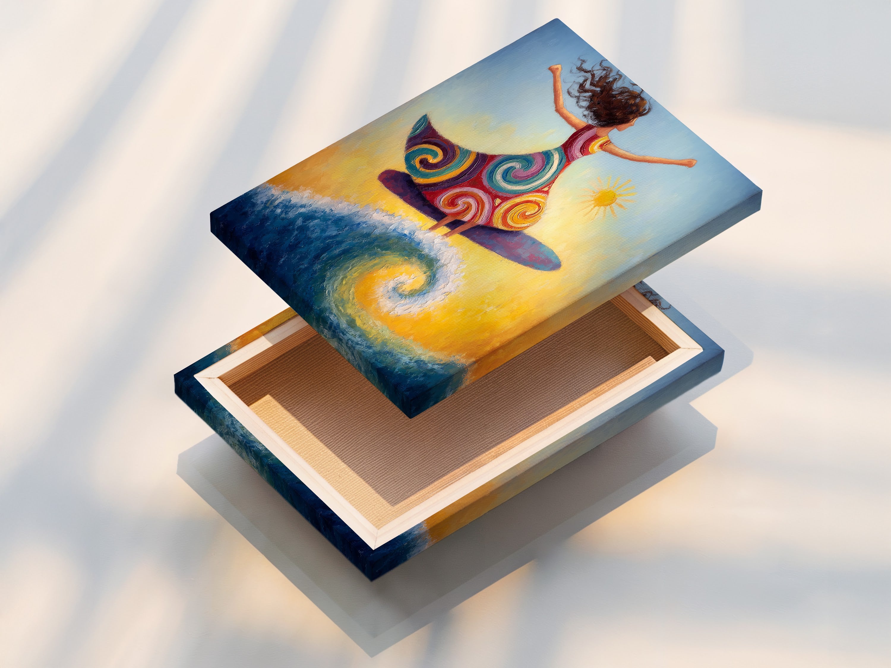 This image displays a stretched canvas print of the surfing girl artwork. The stretched canvas print is ready to hang and enjoy. It's a perfect choice for adding a bohemian touch to your living room wall art. Capture the essence of summer with this piece.