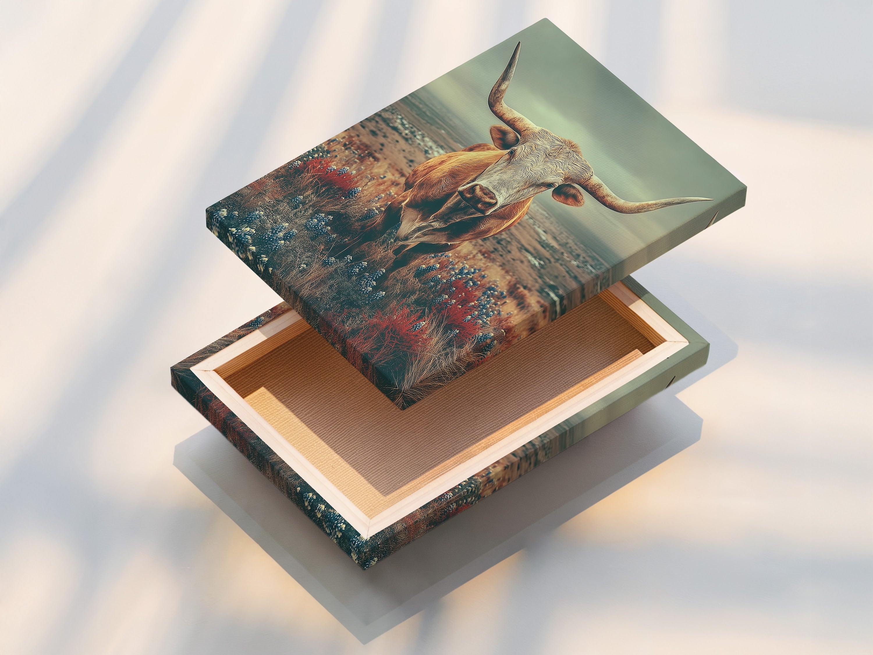 This is a stretched canvas print of the Highland Cow art. This vintage country landscape is ready to hang. It's a great addition to any farmhouse. It's perfect for living rooms bedrooms and studies.