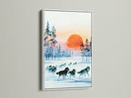 The white frame highlights a beautiful wolf pack artwork. The winter scene is set in a forest landscape. Teal blue art with pine trees makes it ideal for cabin wall decor. A modern and nature-inspired print.