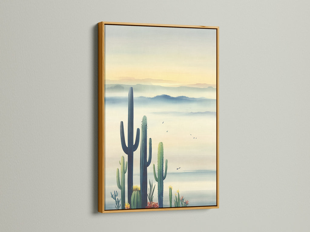 Cactus artwork with a gold frame. The desert canvas adds elegance to your wall. The southwest decor is perfect for any room. This landscape print has blue haze art. The gold frame adds a touch of luxury.