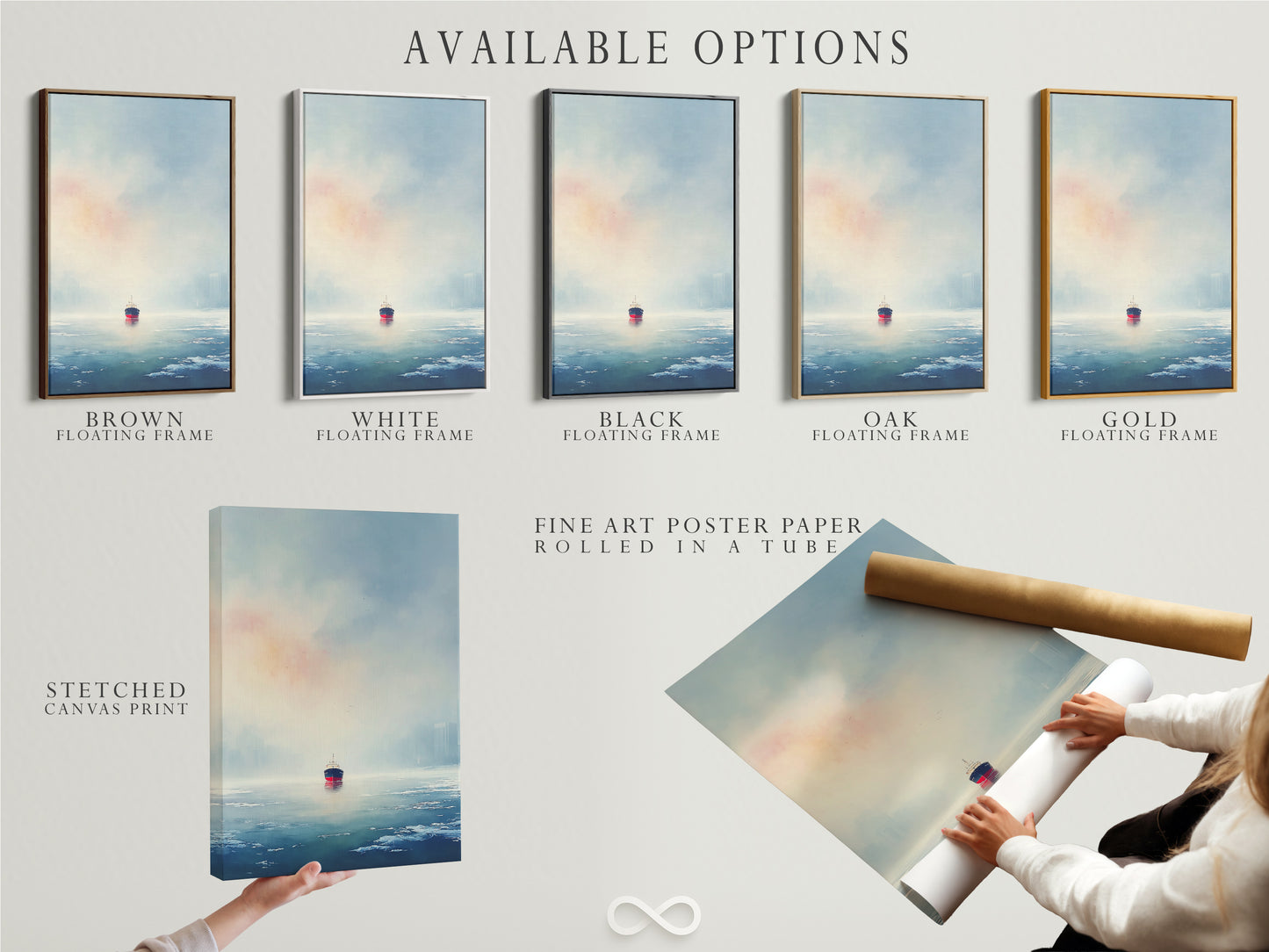 Explore available options for this cargo ship artwork. Choose from a stretched canvas print a fine art poster paper or a floating frame. Customize your coastal wall art to suit your personal style. Enhance your space with this versatile nautical vessel artwork.