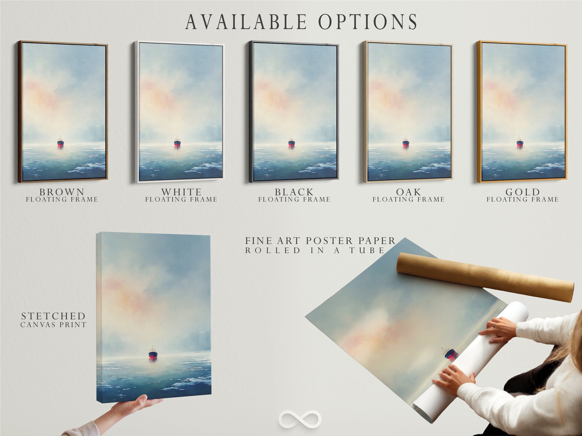 Explore available options for this cargo ship artwork. Choose from a stretched canvas print a fine art poster paper or a floating frame. Customize your coastal wall art to suit your personal style. Enhance your space with this versatile nautical vessel artwork.