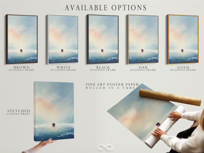 Explore available options for this cargo ship artwork. Choose from a stretched canvas print a fine art poster paper or a floating frame. Customize your coastal wall art to suit your personal style. Enhance your space with this versatile nautical vessel artwork.