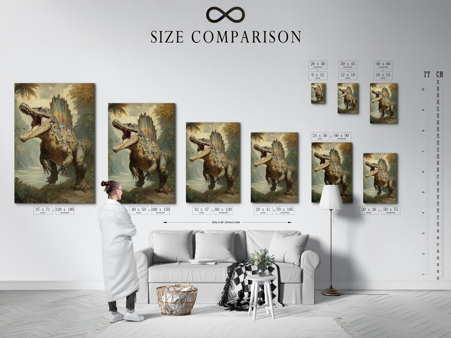 Size comparison chart displayed in an interior setting. The chart shows the different sizes of dinosaur artwork. The artwork showcases a large dinosaur roaring in a prehistoric landscape. This helps you visualize how each size will look in your space. Choose the perfect size for your decor.
