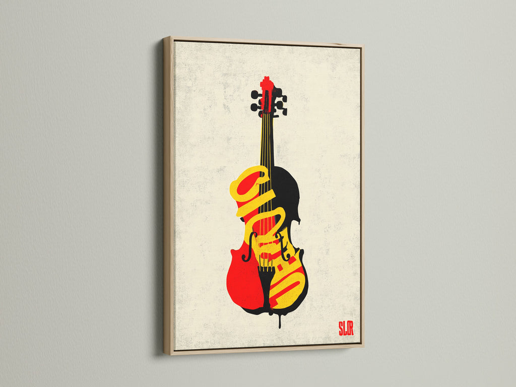 Discover music-inspired artwork with a rustic touch. This oak frame elegantly holds a violin graffiti canvas print. The natural wood complements the modern art. Ideal for adding warmth to any space.