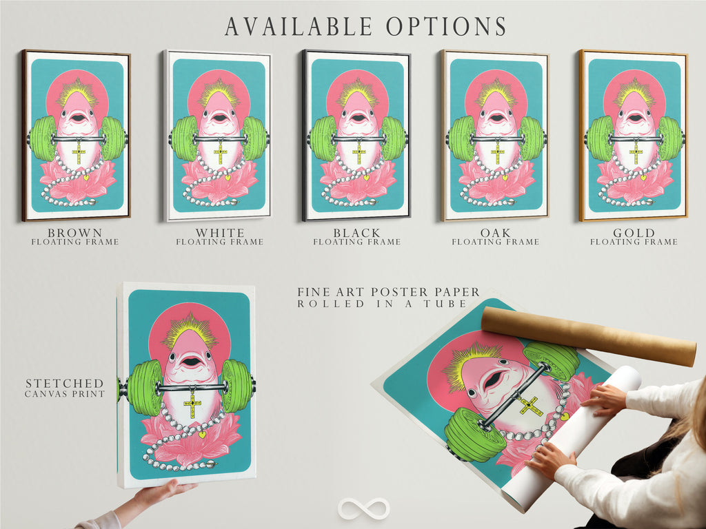 Available options for a surreal flamingo artwork including a stretched canvas print fine art poster paper and floating frame. Choose the perfect option for your home gym decor. The fitness animal canvas print is ideal.
