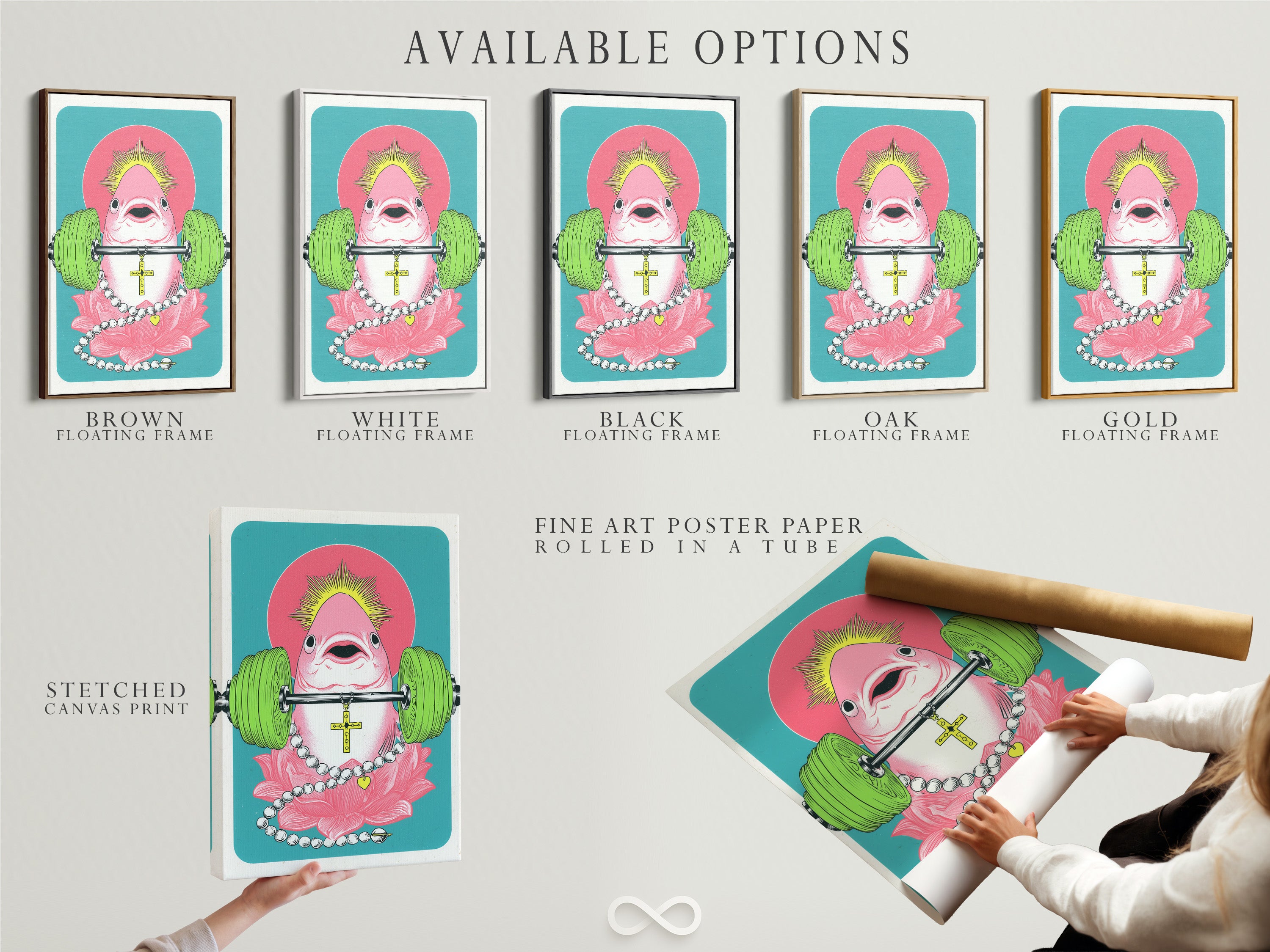 Available options for a surreal flamingo artwork including a stretched canvas print fine art poster paper and floating frame. Choose the perfect option for your home gym decor. The fitness animal canvas print is ideal.