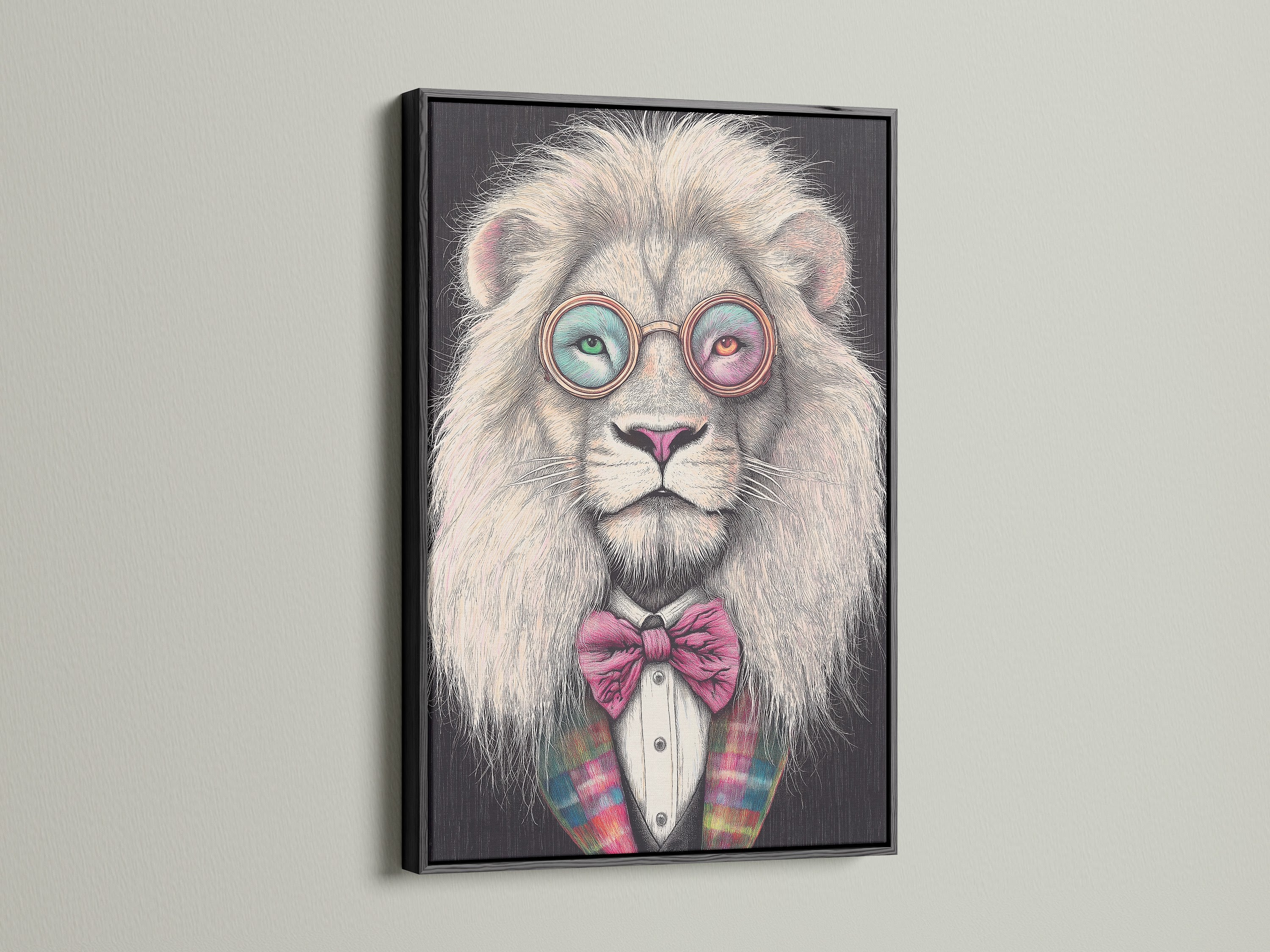 The photo shows a cool lion art piece in a black frame. The artwork features a quirky animal. The animal has glasses and a bow tie. This art is ideal for adding charm to any space.