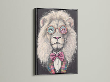 The photo shows a cool lion art piece in a black frame. The artwork features a quirky animal. The animal has glasses and a bow tie. This art is ideal for adding charm to any space.