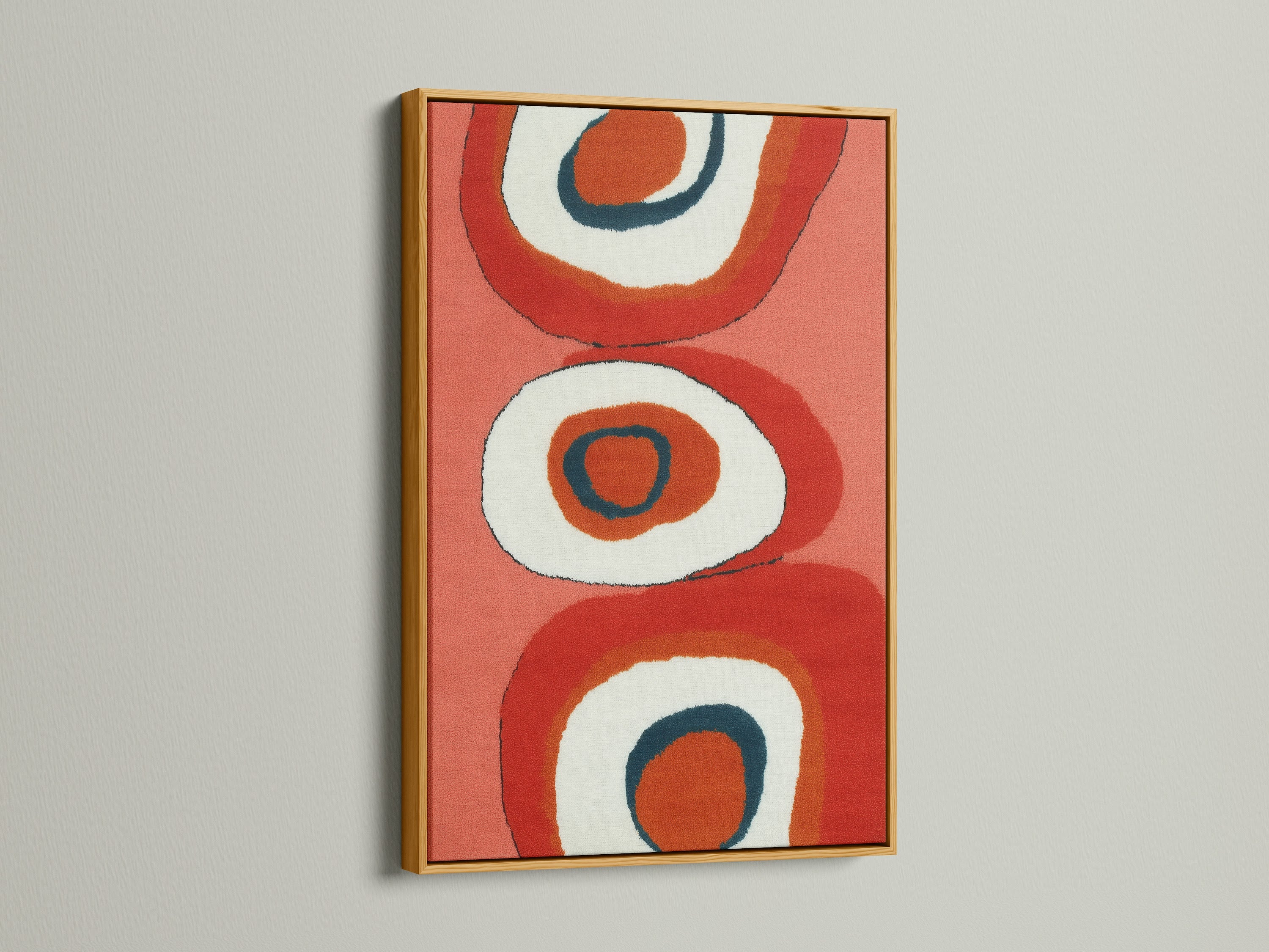 Enhance your wall decor with this eye-catching mid-century abstract canvas art. The gold frame adds a luxurious touch to the retro orange geometric print. This artwork is perfect for creating a vintage modern ambiance in any room.
