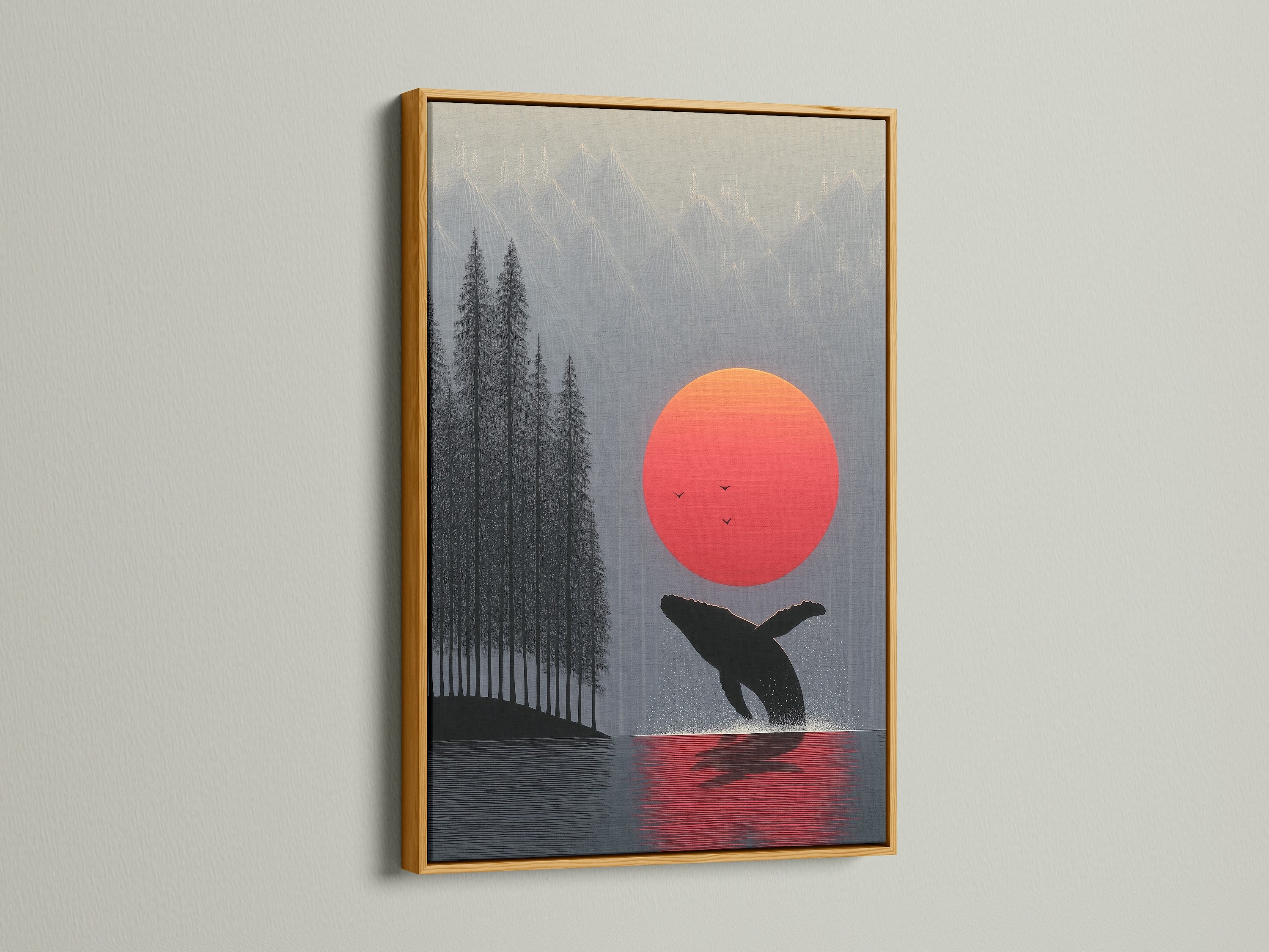 Whale Sunset artwork with a gold frame. This minimalist ocean wall art brings the coast to you. The coastal nature poster creates a relaxing bedroom atmosphere. A great piece for living room wall art. Discover this whale poster today.