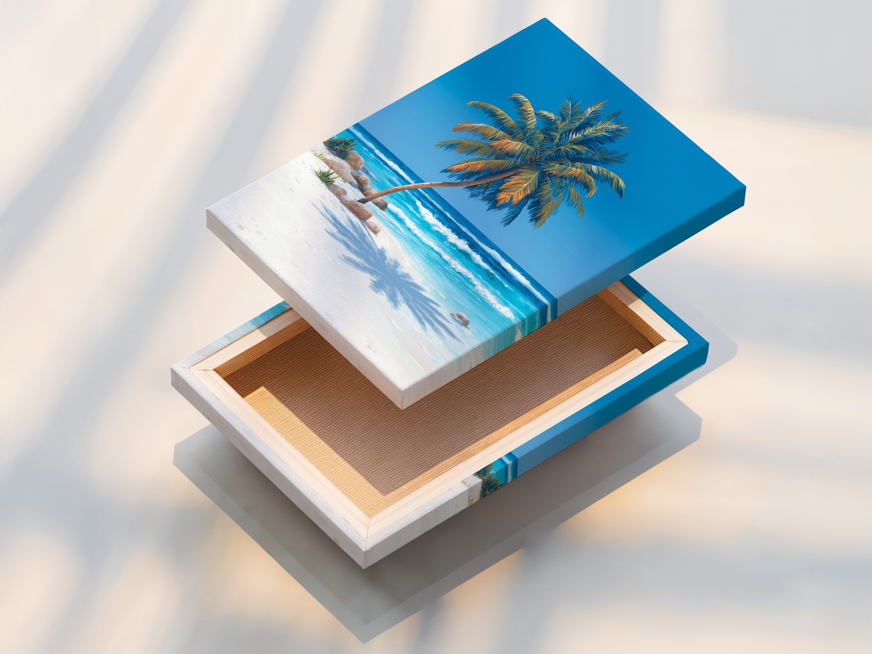 This stretched canvas print showcases a beautiful beach scene with a lone palm tree. The artwork is stretched perfectly. The canvas print is ready to hang and enjoy. Transform your space with this coastal art print. It's a perfect addition to any beach-themed decor