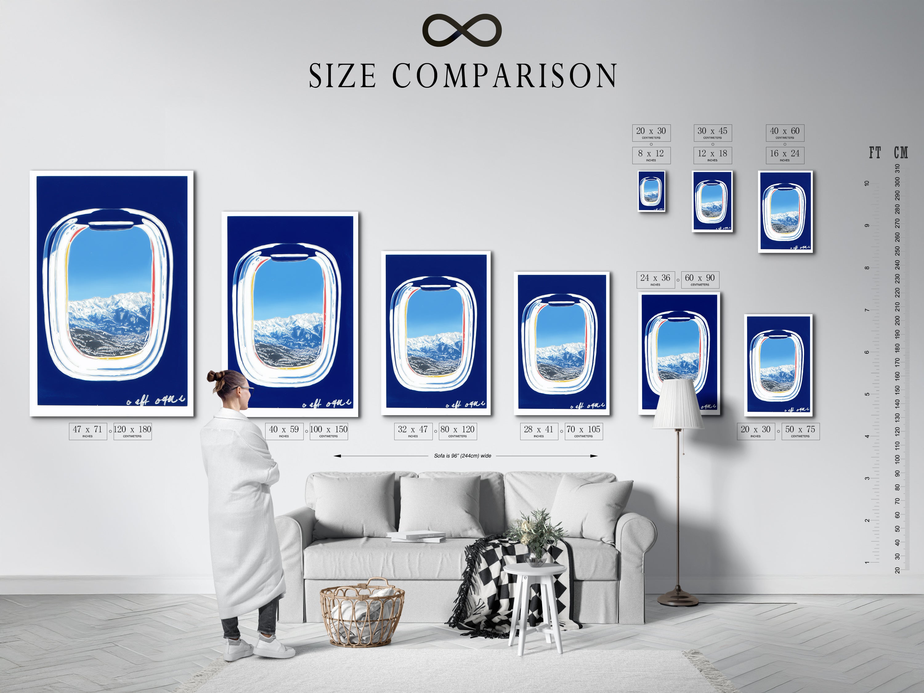 A size comparison chart displayed in an interior setting. The chart showcases various sizes for airplane window view artwork. Available in stretched canvas prints fine art posters and floating frames. Find the perfect fit for your space.