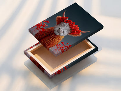 A stretched canvas print of the Highland Cow artwork is displayed. The canvas texture enhances the rustic feel of this farmhouse decor. Perfect for adding a touch of whimsy to your bedroom wall. Explore this charming piece today