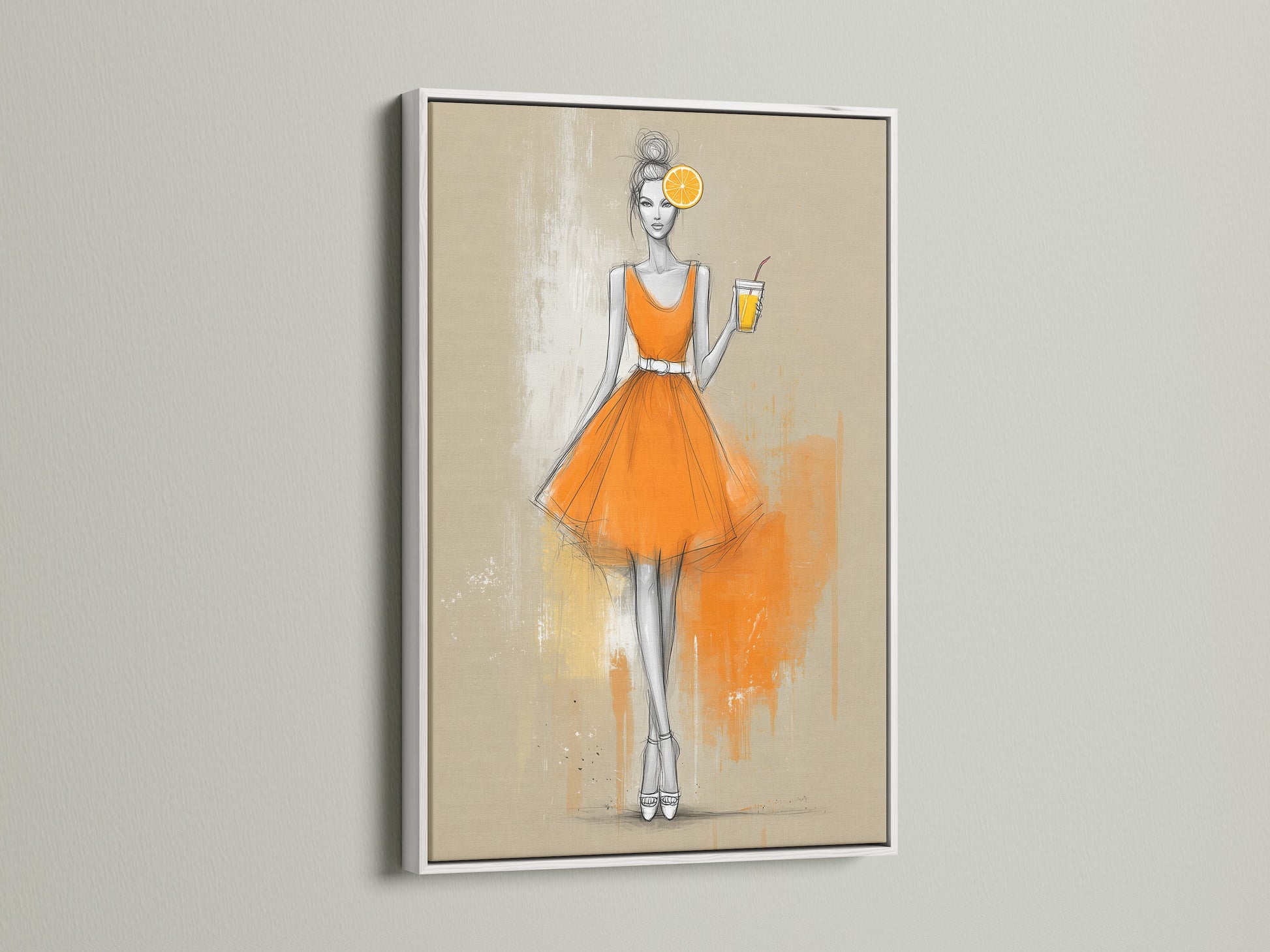 Fashion Illustration Canvas Print in a white frame. The orange dress art is a stylish addition to minimalist contemporary homes. Elevate your bedroom wall decor or boutique with this fashion-forward artwork.