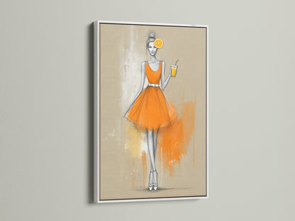 Fashion Illustration Canvas Print in a white frame. The orange dress art is a stylish addition to minimalist contemporary homes. Elevate your bedroom wall decor or boutique with this fashion-forward artwork.