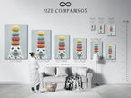 Size comparison chart displayed in an interior setting featuring the whimsical seal artwork. See how our art prints fit into your space. Visualize the perfect size for your wall decor. Explore our range of sizes and options for canvas prints and fine art posters. Find the ideal artwork for your home.
