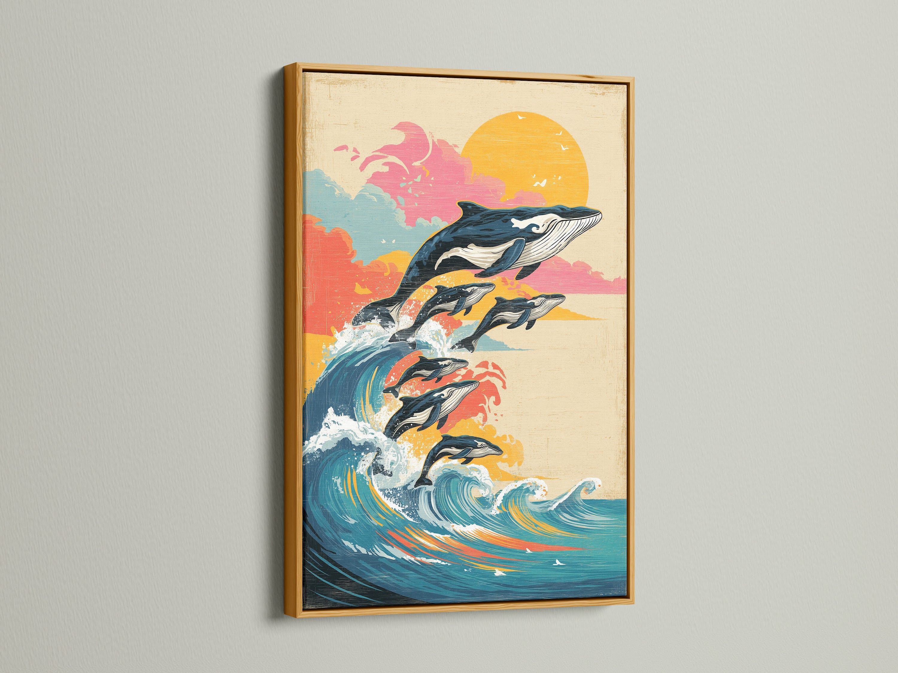 Gold frame accentuating whale ocean artwork. This vintage marine artwork displays a sunset wave canvas print. Perfect for coastal wall decor. The gold frame adds a touch of elegance and sophistication. Discover marine life artwork and nautical wall art.