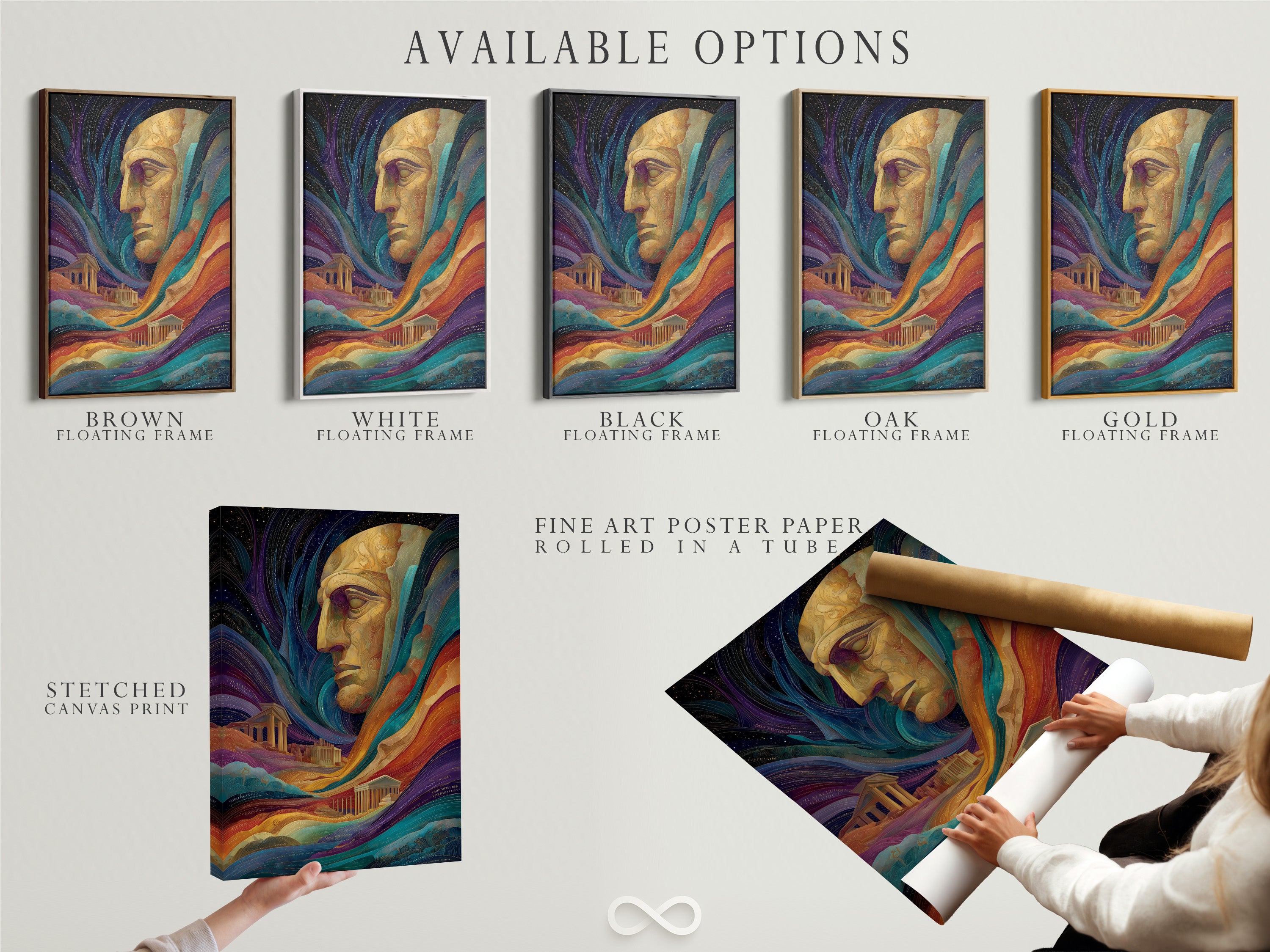 Available options for a surreal portrait artwork are displayed. Options include a stretched canvas print a fine art poster paper and a floating frame. The artwork features a colorful abstract face. This would be great psychedelic digital art for modern office decor