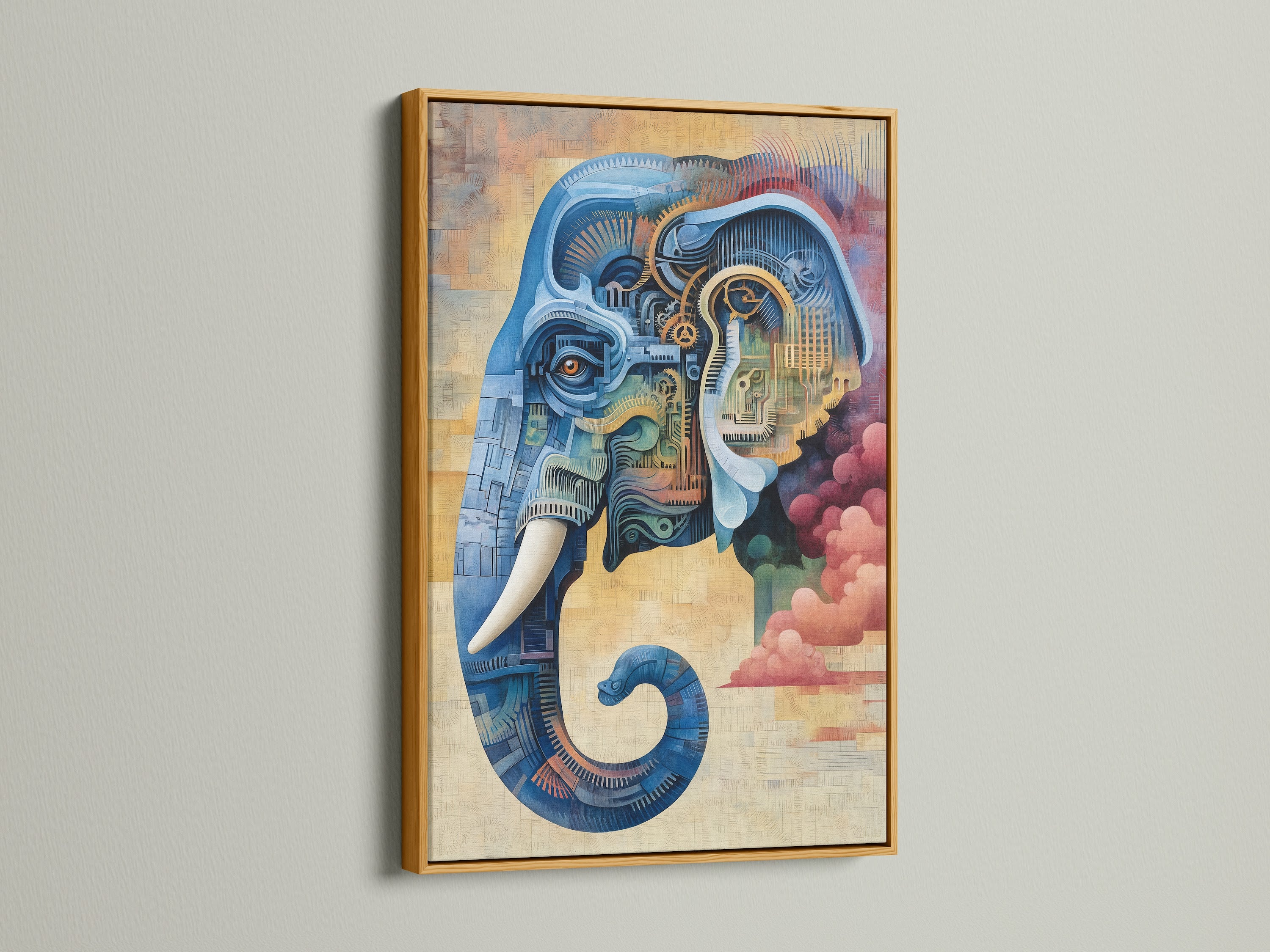 The gold frame adds elegance to this steampunk elephant canvas art. The mechanical animal artwork features a blue and pink color palette. This industrial wall art is ideal for adding a touch of sophistication to your office or home decor. 