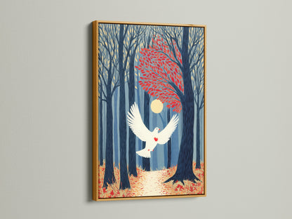 Dove in Forest canvas print in a gold frame. The serene nature scene features a dove in flight. The artwork adds a touch of elegance to any room. Ideal for enhancing living rooms bedrooms and offices. A stunning wall decor option.