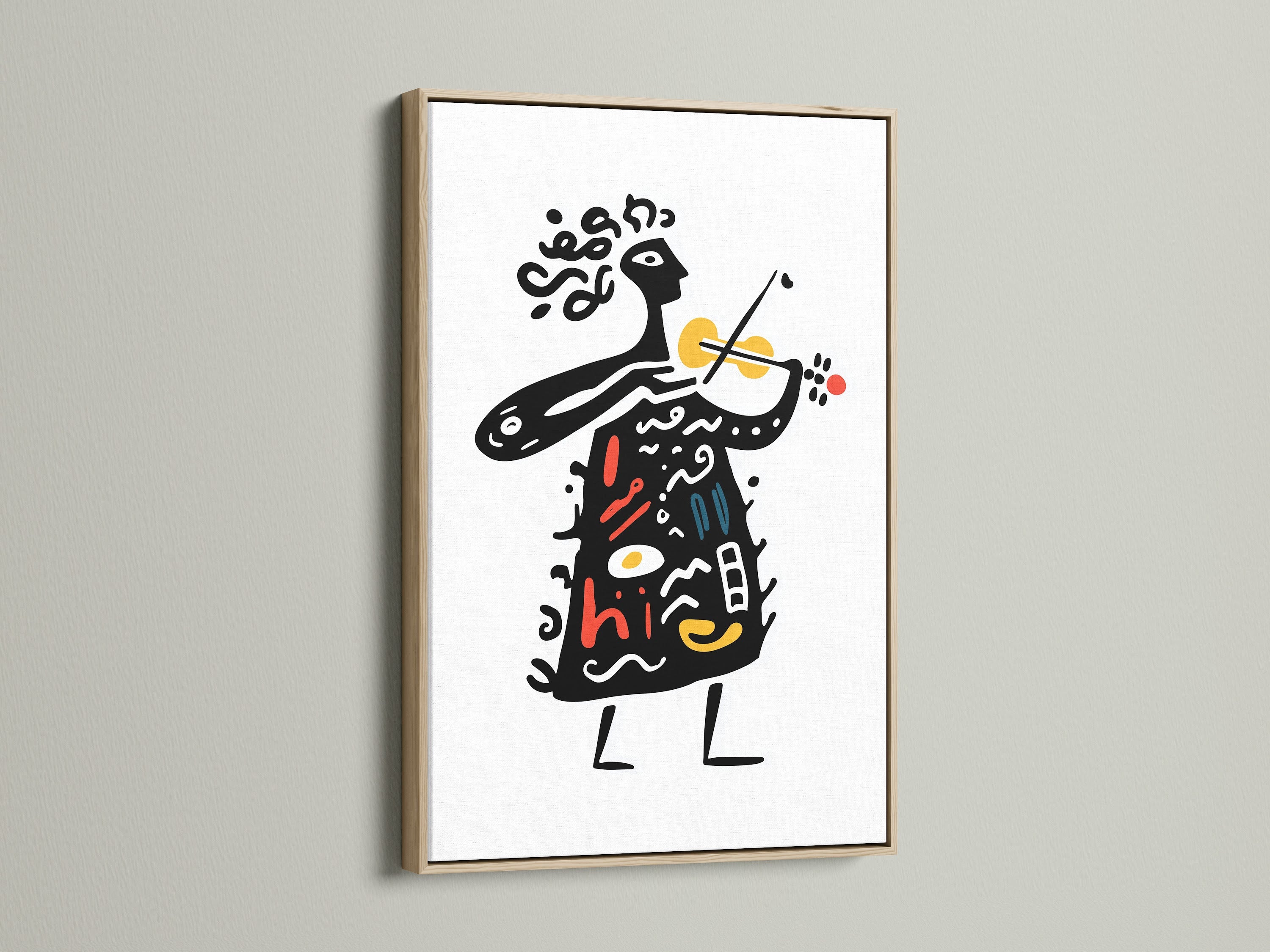 Framed artwork with an oak frame. The art features an abstract person playing a violin. The frame is on a white wall. The oak frame adds a touch of nature to the artwork. Perfect for modern interiors.