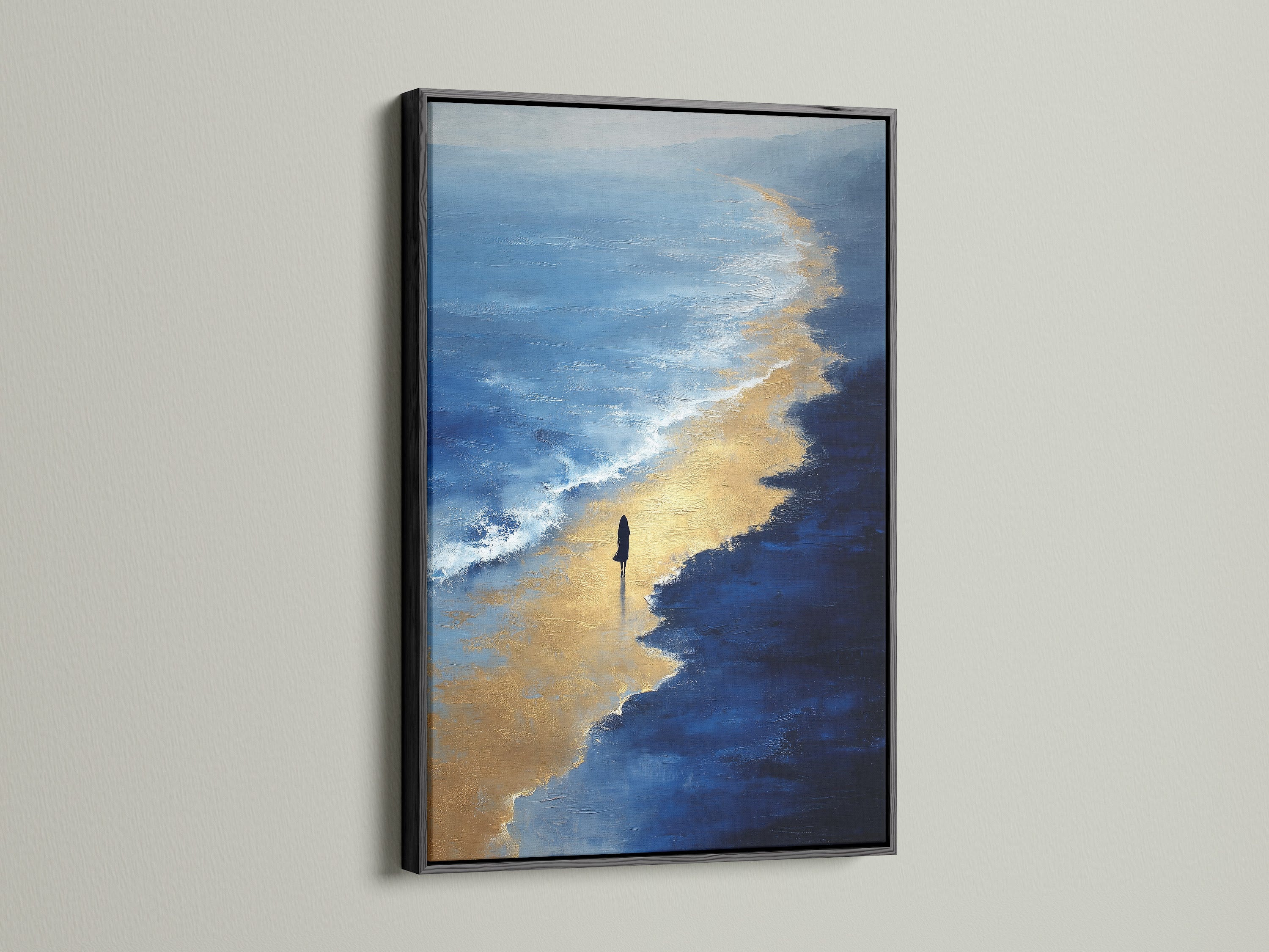 Beach Walk artwork presented in a black frame. The black frame adds a modern touch to the coastal wall art. The artwork features beautiful ocean waves. It is a striking piece for bedroom decor. This minimalist seascape art is captivating.