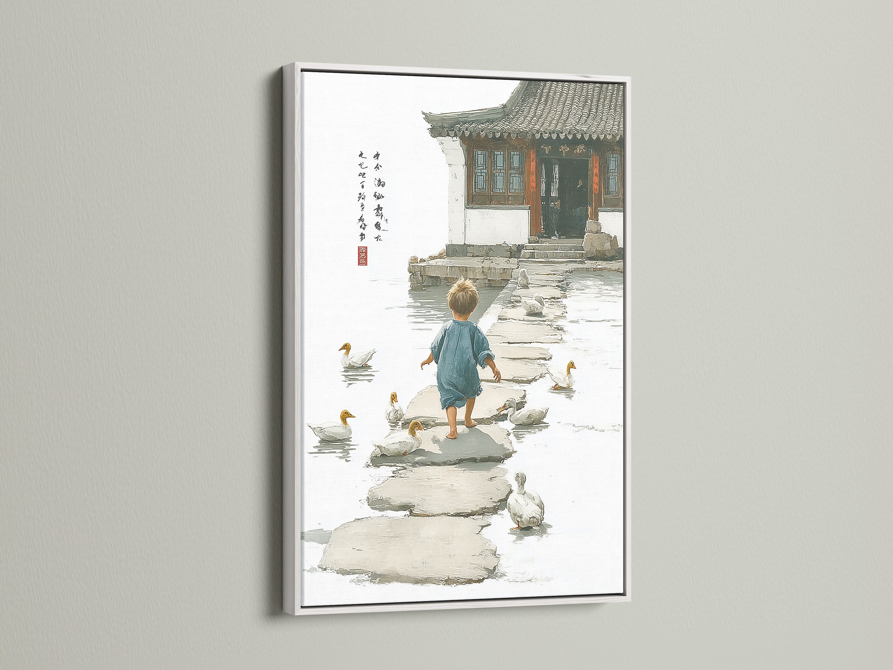 A clean white frame highlights a delightful artwork. The artwork features a child walking among ducks on stepping stones. The white frame offers a modern and fresh look. This framed art is perfect for minimalist interiors. It brings a touch of elegance and simplicity.