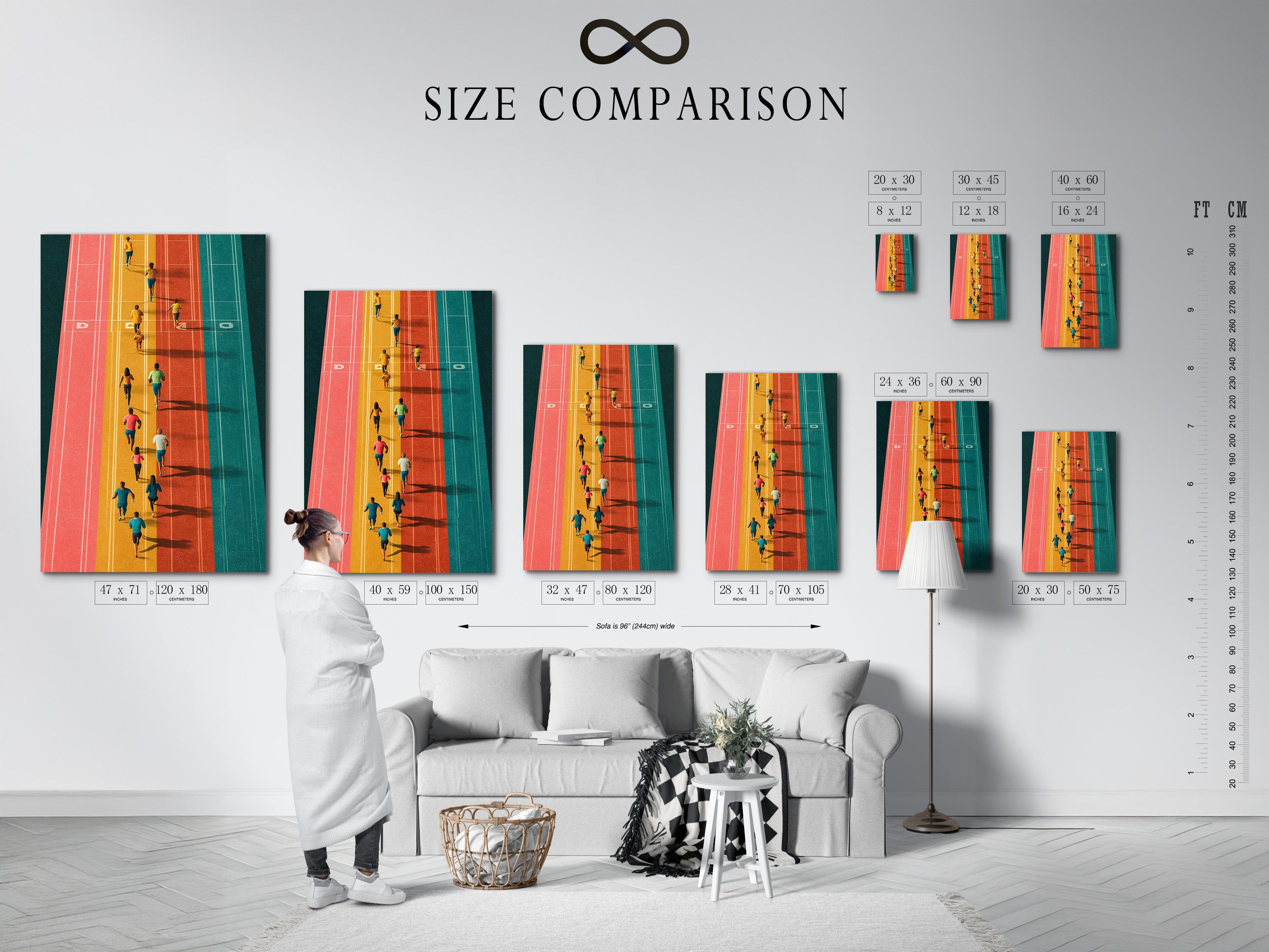 Size comparison chart displayed in an interior setting. See how the running track artwork fits your space. This aerial sports wall art is great for home gym decor. Choose the perfect size for your colorful athletes print.