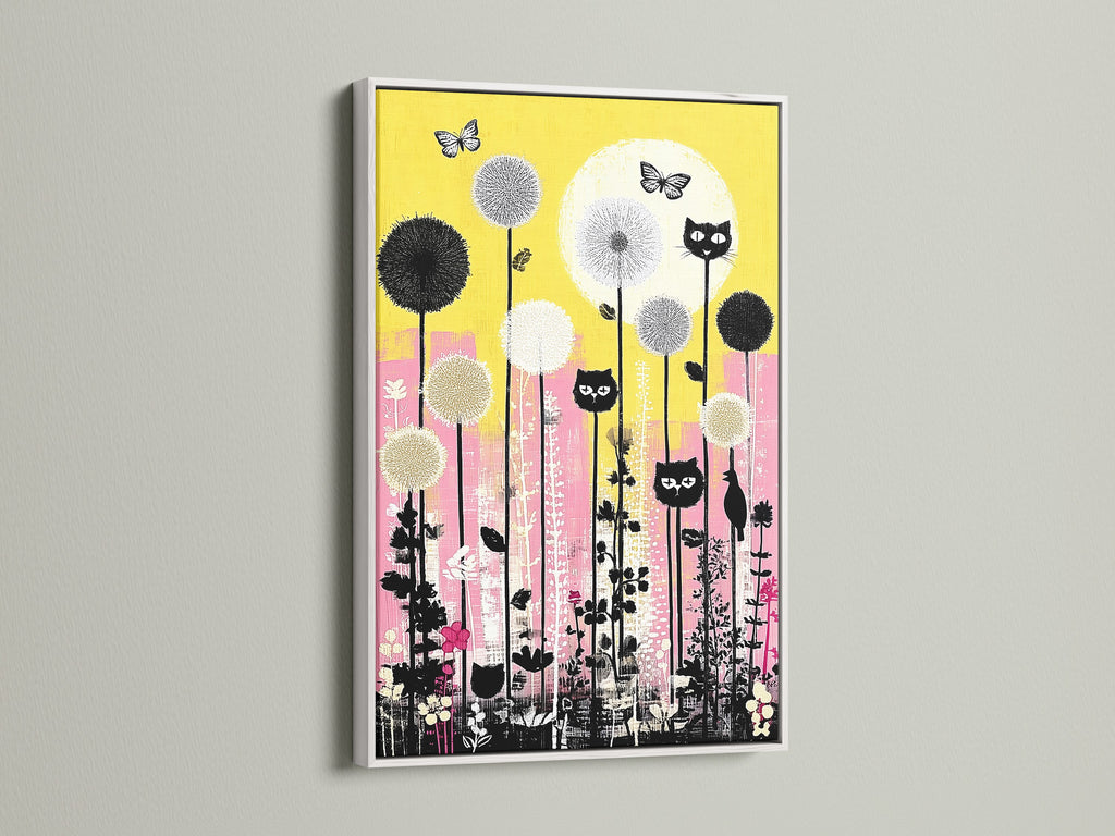A cat garden artwork framed in white adds a touch of modern elegance to any room. The playful feline poster features yellow and pink floral accents. Ideal for kids room decor or a cat lover's space. The white frame provides a clean and fresh look.