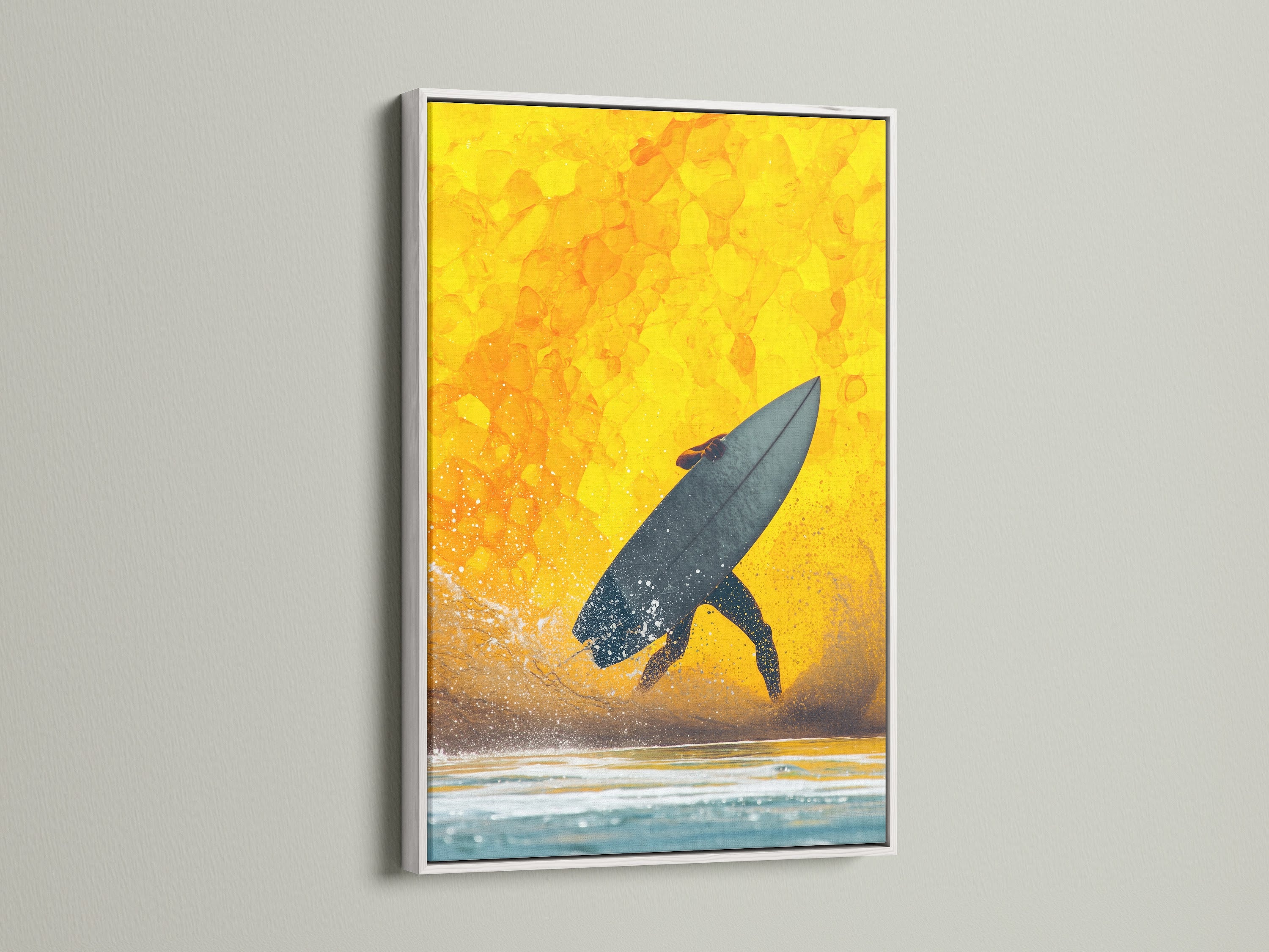 Surfing canvas print in a white frame. This ocean canvas showcases a surfer riding a wave at sunset. The white frame complements the coastal artwork. Add a touch of the beach to bedrooms or offices. This wave print brings the energy of the ocean indoors.
