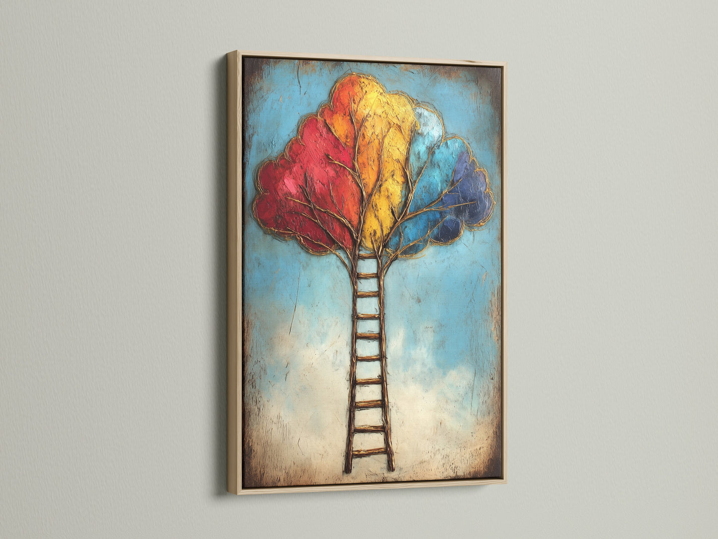The Colorful Ladder Tree Art is showcased in an oak frame. This abstract canvas print brings a touch of nature indoors. The tree of life art symbolizes growth and success. Perfect wall decor for living rooms bedrooms and offices.