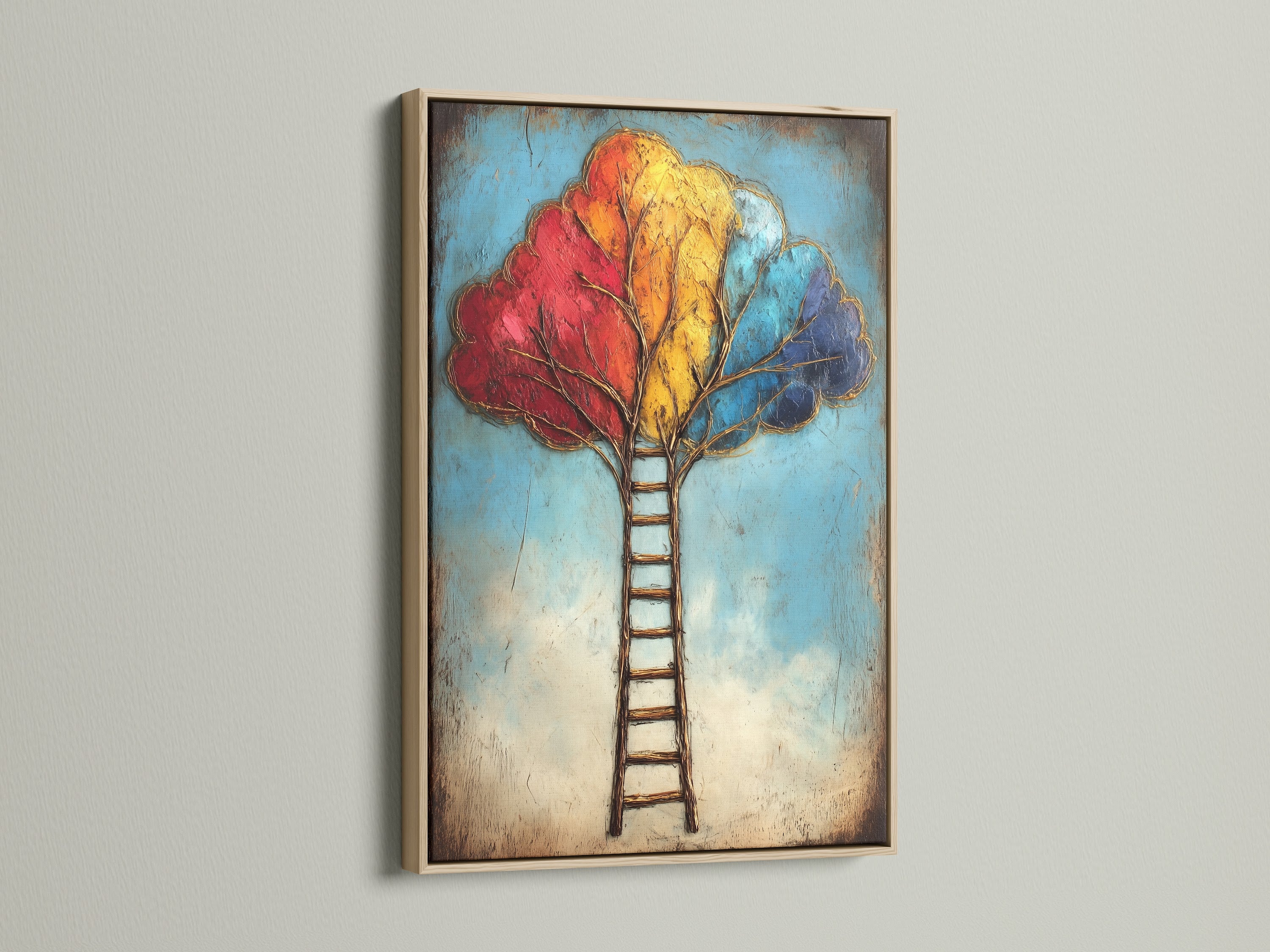 The Colorful Ladder Tree Art is showcased in an oak frame. This abstract canvas print brings a touch of nature indoors. The tree of life art symbolizes growth and success. Perfect wall decor for living rooms bedrooms and offices.