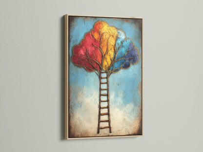 The Colorful Ladder Tree Art is showcased in an oak frame. This abstract canvas print brings a touch of nature indoors. The tree of life art symbolizes growth and success. Perfect wall decor for living rooms bedrooms and offices.