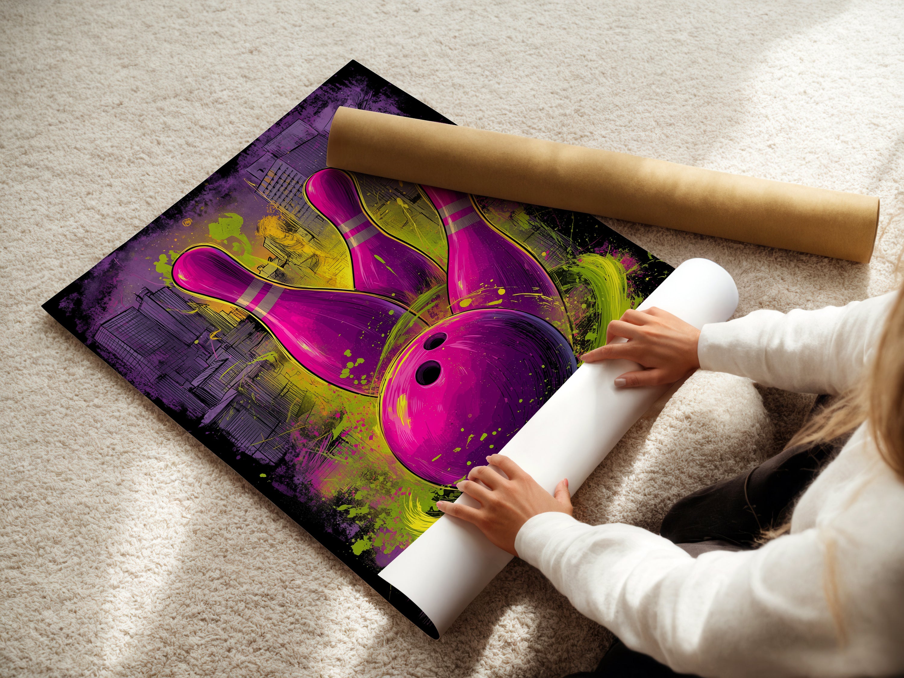 A woman is carefully rolling a fine art poster paper of bowling art. The purple and green graffiti artwork is protected. This poster is perfect for a game room or man cave. Ensure your urban sports wall decor arrives in pristine condition ready to enhance your space.