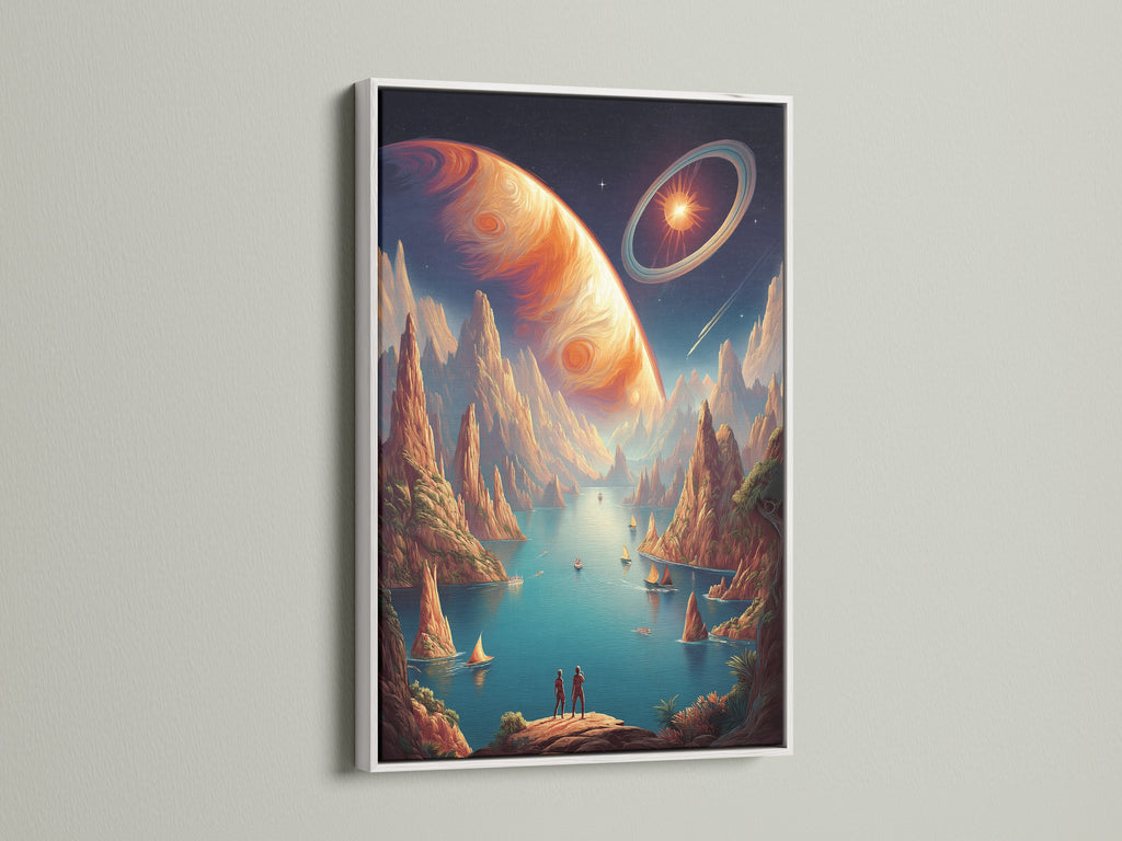 This image features a vibrant cosmic landscape artwork set in a clean white frame. The planet artwork is a surreal and eye-catching piece. It provides a modern touch and is perfect for brightening up living spaces and offices.