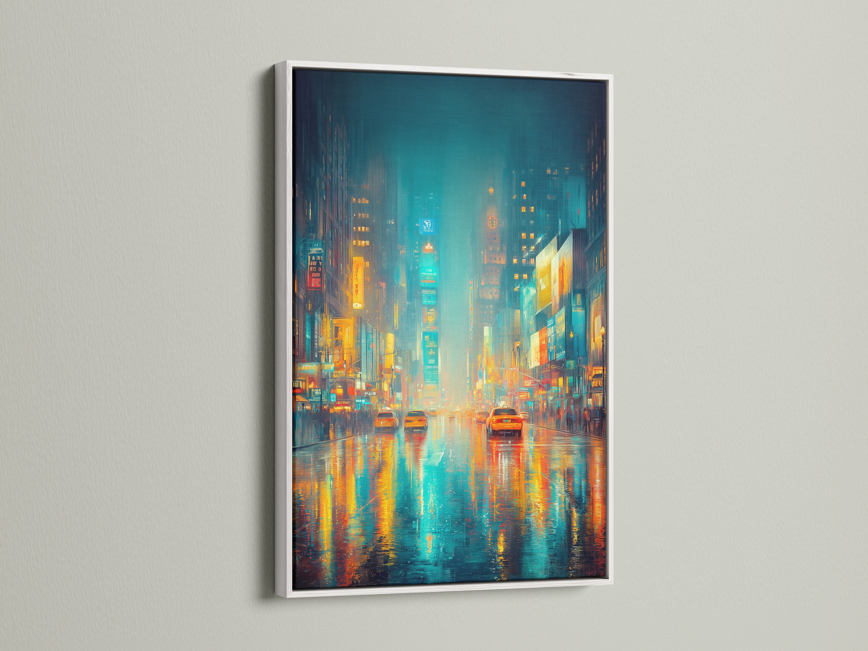 A white frame surrounds this cityscape artwork. The neon wall art captures a rainy night. The city reflection adds depth. This modern decor is ideal for bedroom wall decor. It brings urban artwork into your home. The style is contemporary.