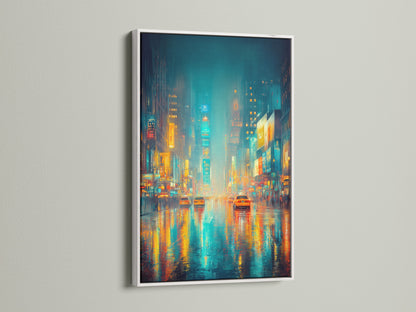 A white frame surrounds this cityscape artwork. The neon wall art captures a rainy night. The city reflection adds depth. This modern decor is ideal for bedroom wall decor. It brings urban artwork into your home. The style is contemporary.