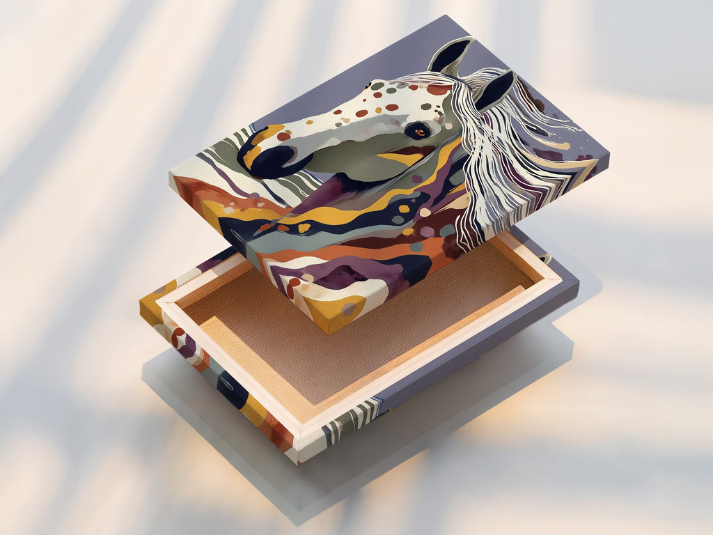 This is a stretched canvas print featuring an abstract horse artwork. The canvas texture enhances the colorful animal art. It is ready to hang and perfect for adding a modern touch. It will complement bohemian minimalist farmhouse or eclectic interiors.