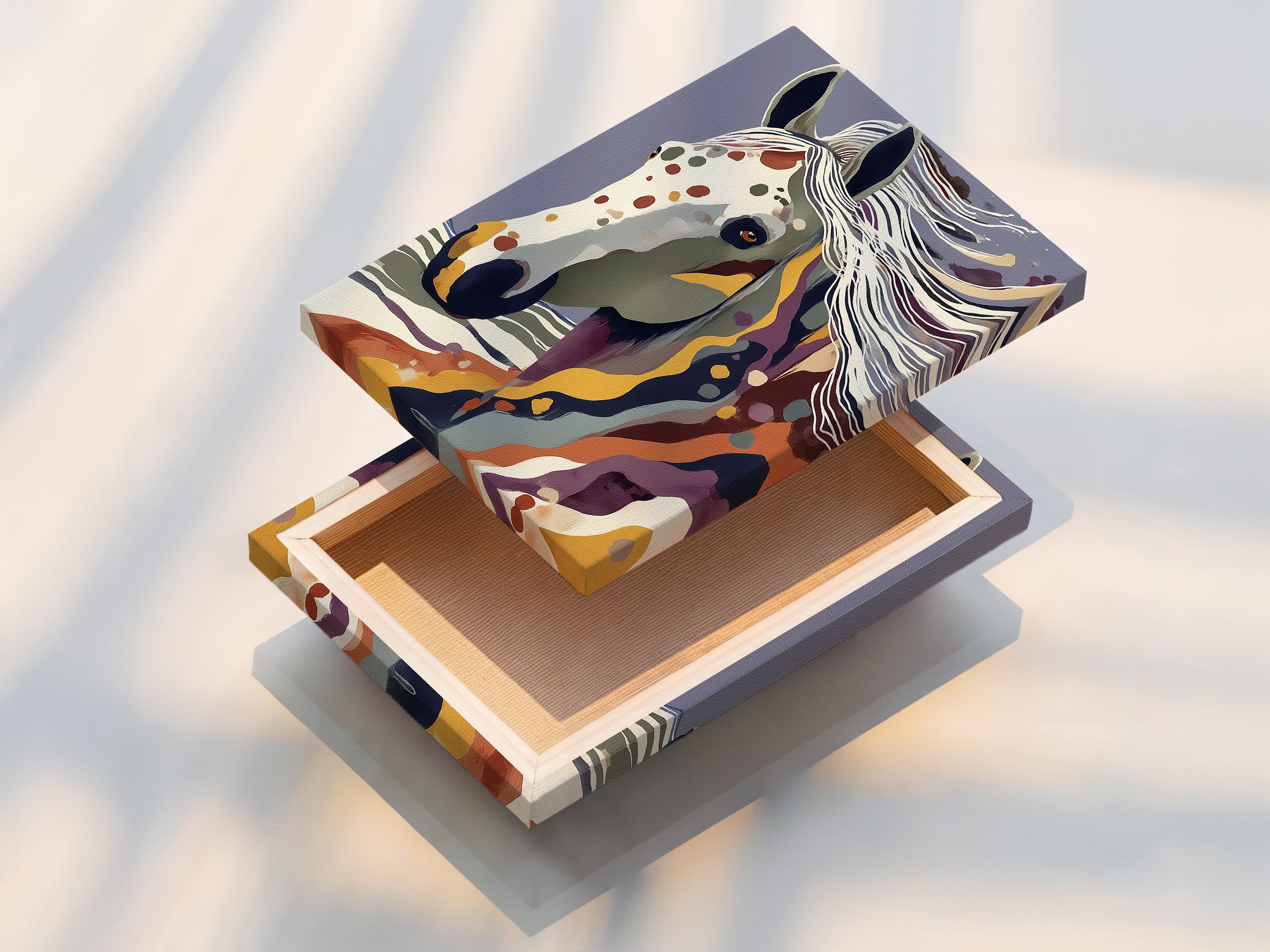 This is a stretched canvas print featuring an abstract horse artwork. The canvas texture enhances the colorful animal art. It is ready to hang and perfect for adding a modern touch. It will complement bohemian minimalist farmhouse or eclectic interiors.