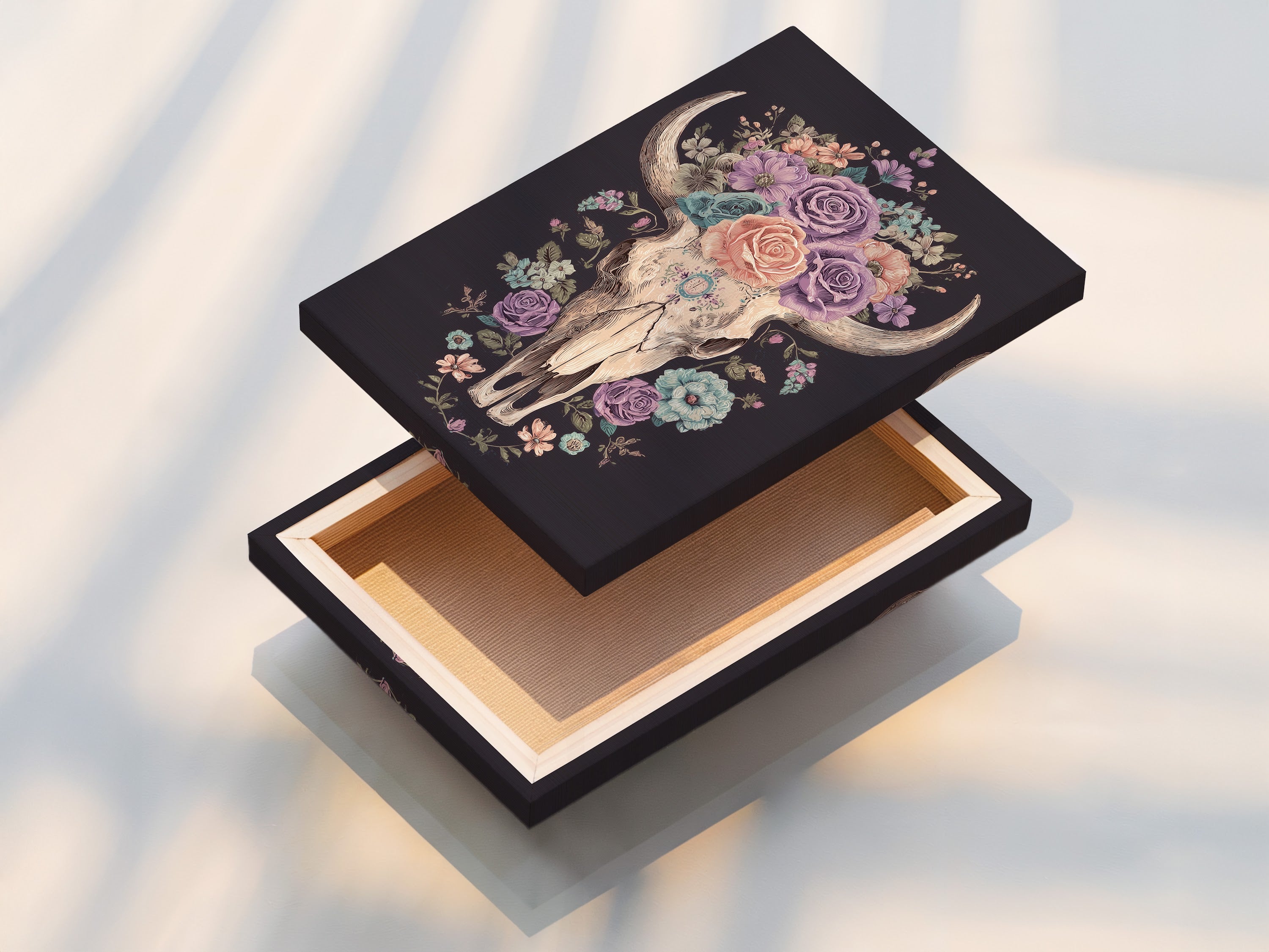 A stretched canvas print ready to hang. The canvas is stretched tightly over a wooden frame. The artwork looks vibrant and detailed. This stretched canvas print is a perfect addition to any art collection. It is durable and long-lasting.