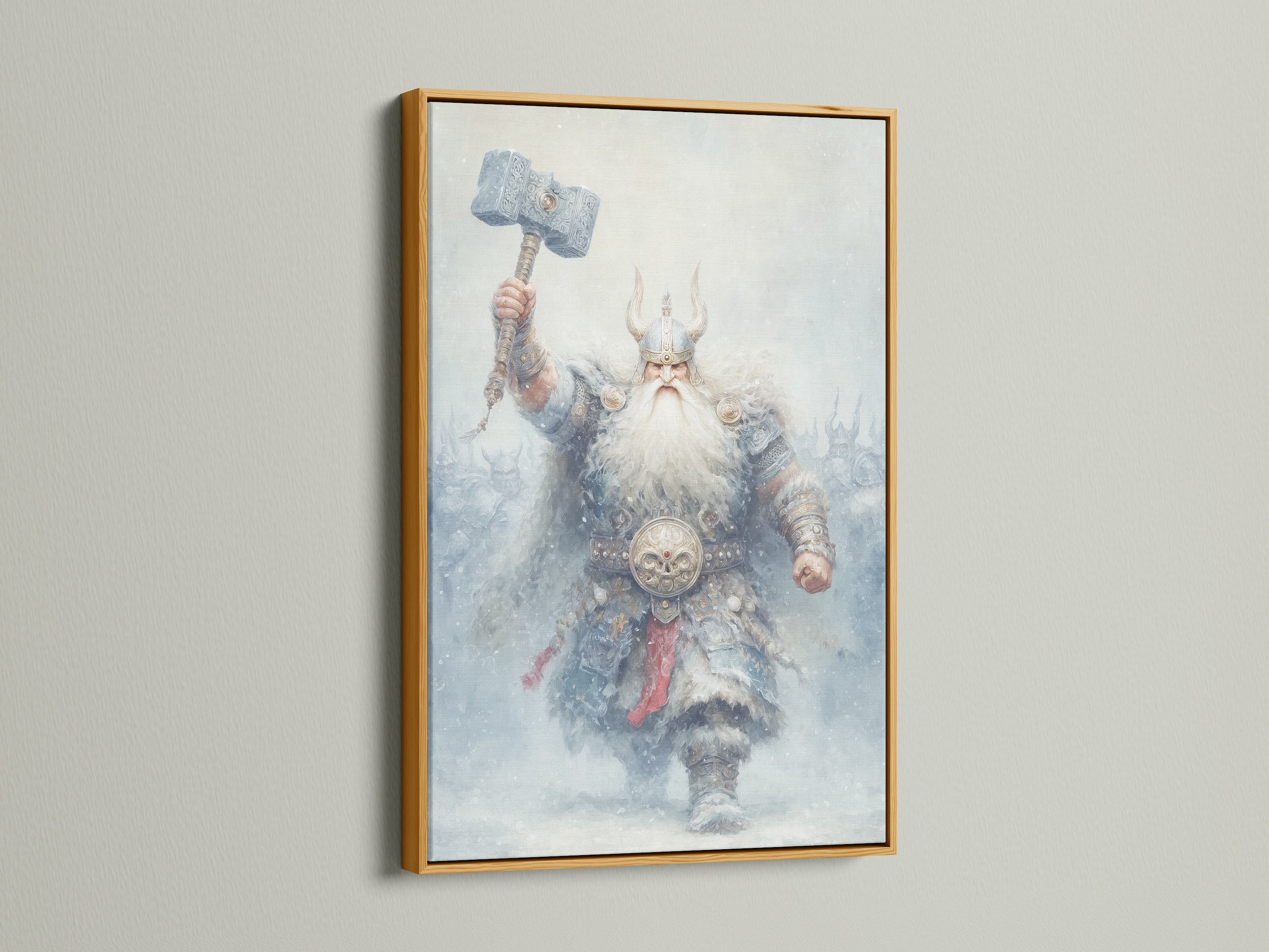 A Viking Warrior canvas artwork is presented in a gold frame. This Norse Mythology piece adds elegance to any space. Ideal for fantasy artwork enthusiasts. It enhances game rooms and boutique wall art displays. The gold frame adds a touch of sophistication.